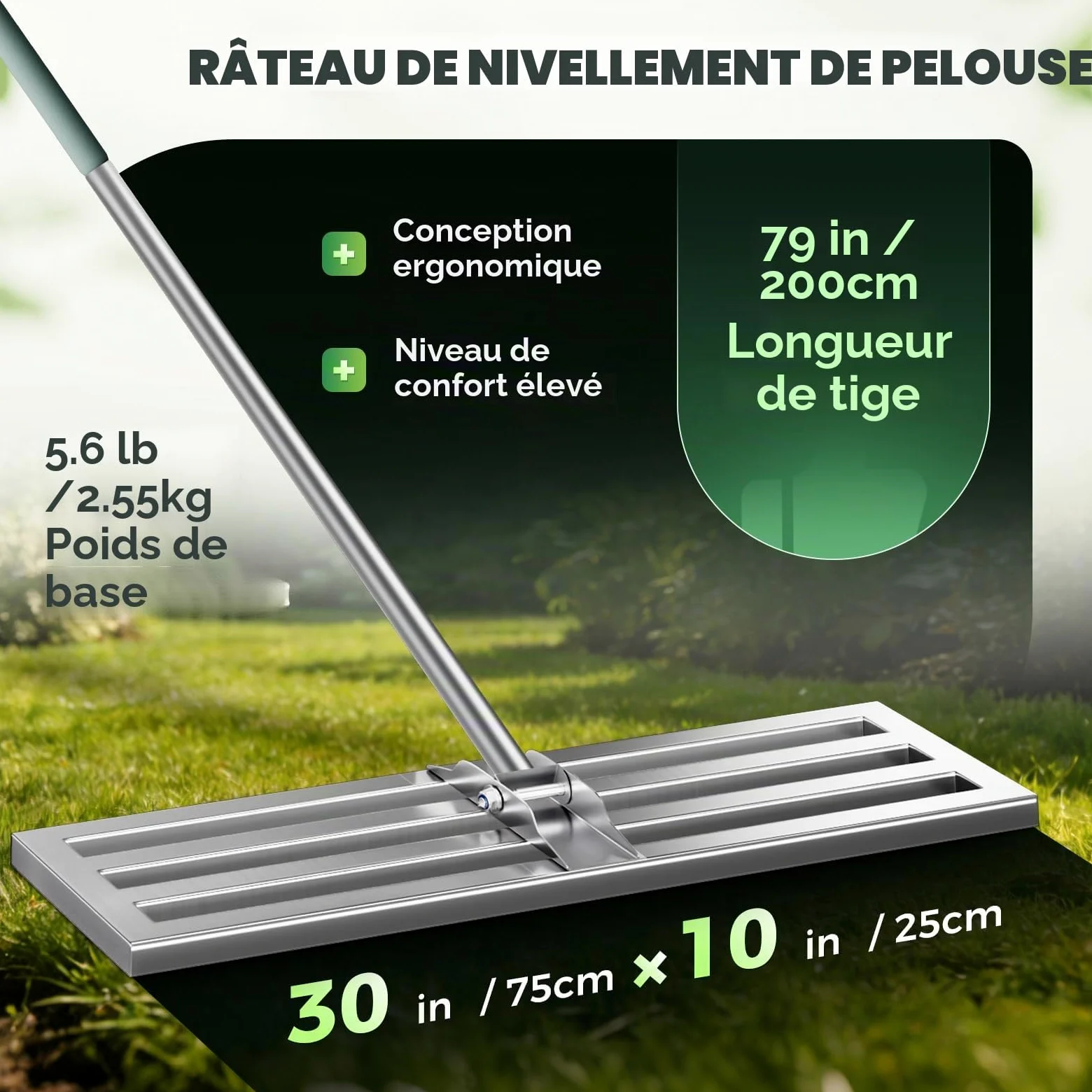 75 x 25 cm rateau de nivellement de pelouse – Base en Acier Inoxydable entièrement fermée, poignée Durable, pour l’Entretien du Gazon dans Les Jardins, Les fermes et Les Cours