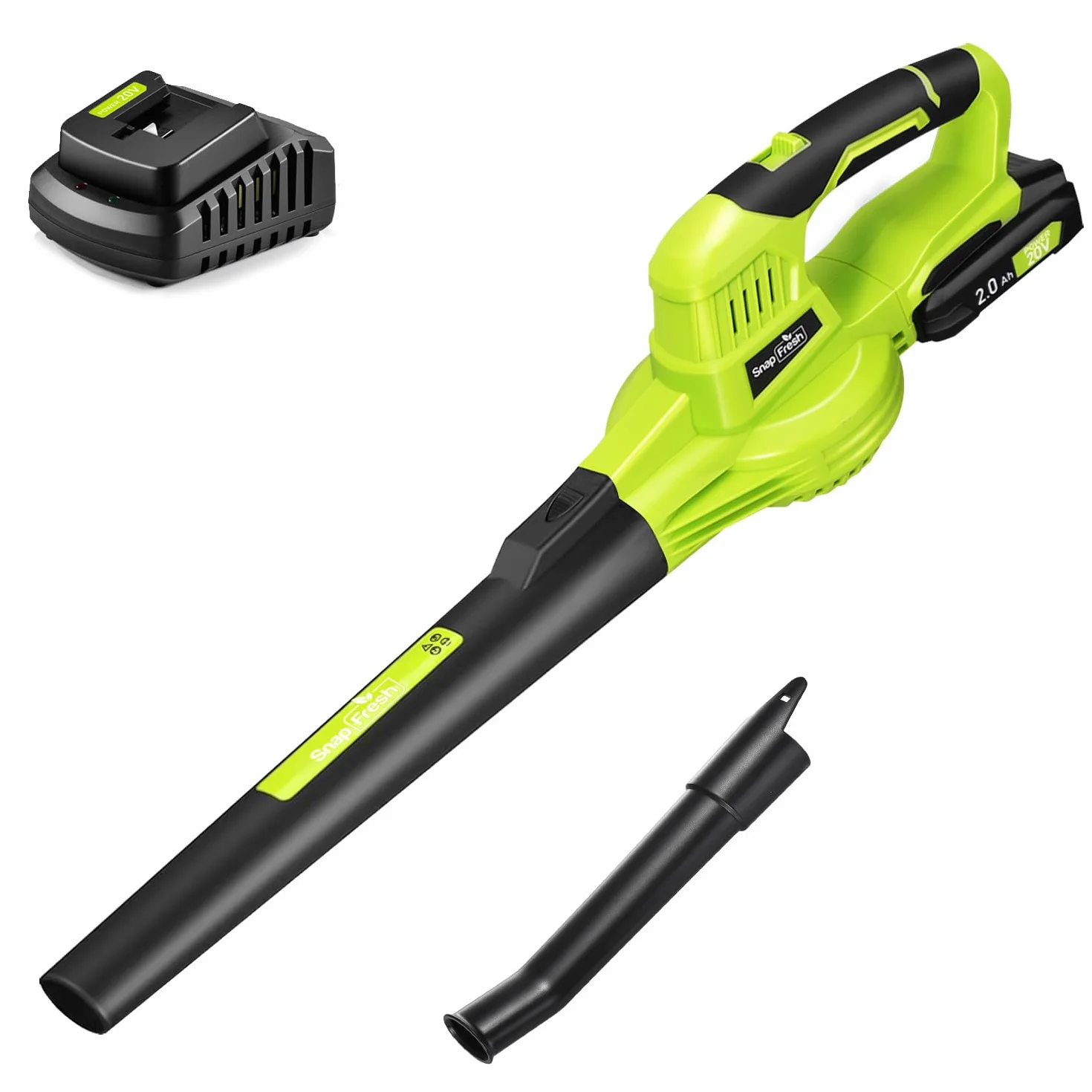 SnapFresh Souffleur Batterie 20V Léger 1,2 kg - Souffleurs de Feuilles sans Fil 210 km/h 240m³/h, 2 Vitesses, avec Batterie et Chargeur - pour Terrasses, Garages, Entrées et Jardins Domestiques (Vert)