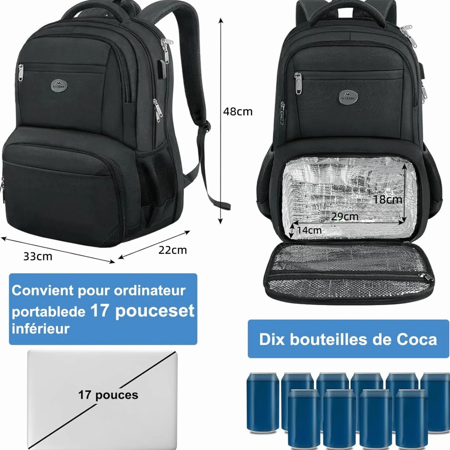 MATEIN Sac à Dos Ordinateur 17 Pouces Isotherme Repas TSA Voyage Noir