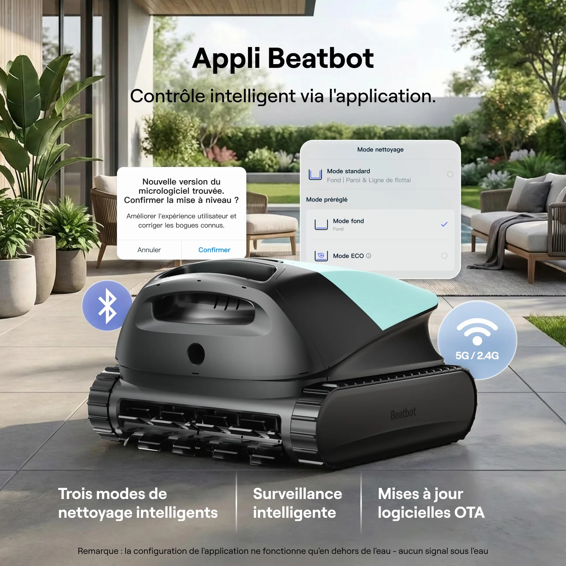 Beatbot Sora 10 Robot Piscine sans Fil 25700 LPH Fond Parois Ligne d'eau Plages Immergées Filtre 5L Spécial Feuilles 300 Min 300m² Vert