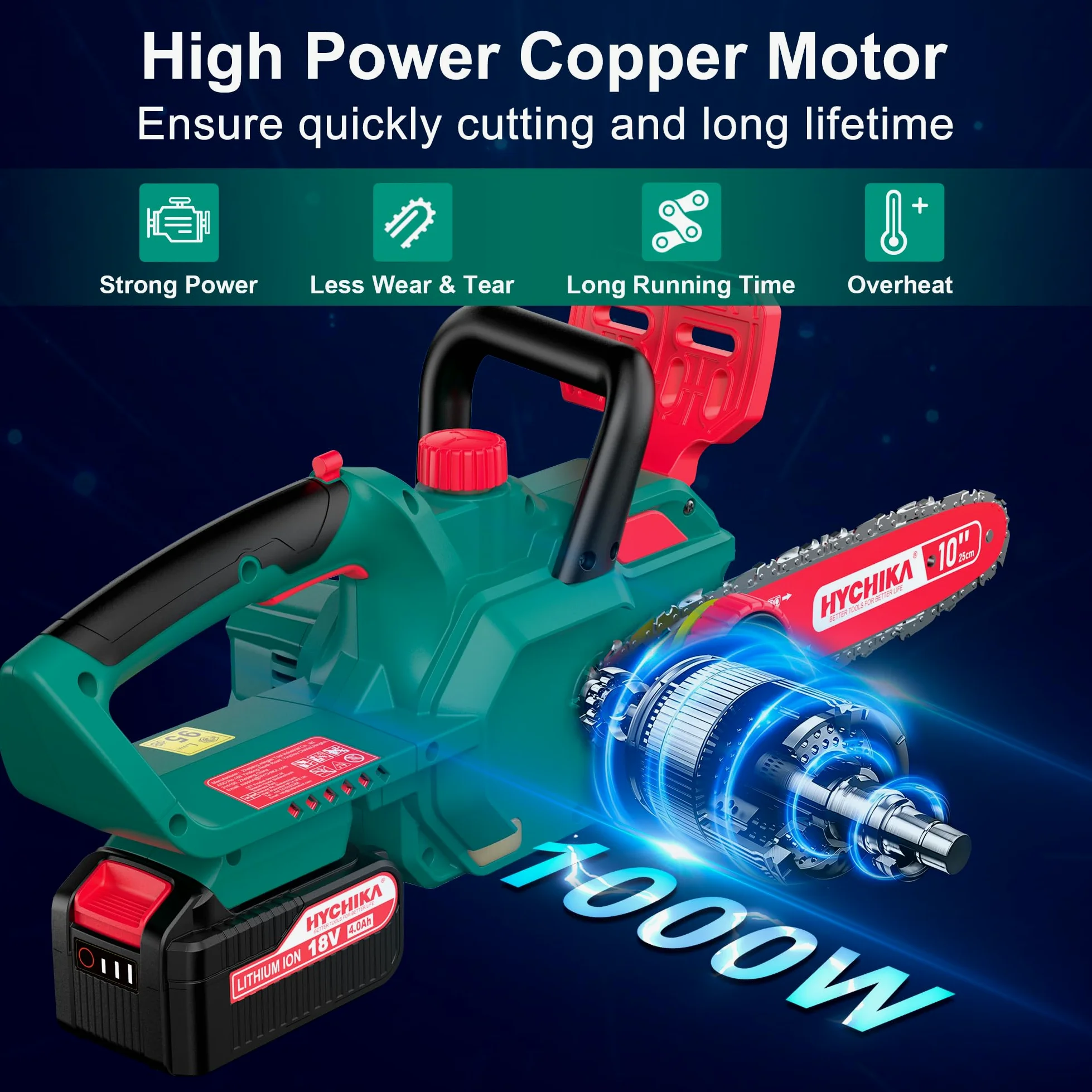 HYCHIKA – Tronçonneuse électrique avec chaîne de 25,4 cm, scie à chaîne sans fil 18 V avec batterie de 4000 mAh et chargeur, scies électriques pour couper le bois et les arbres, scie à arbre à essence