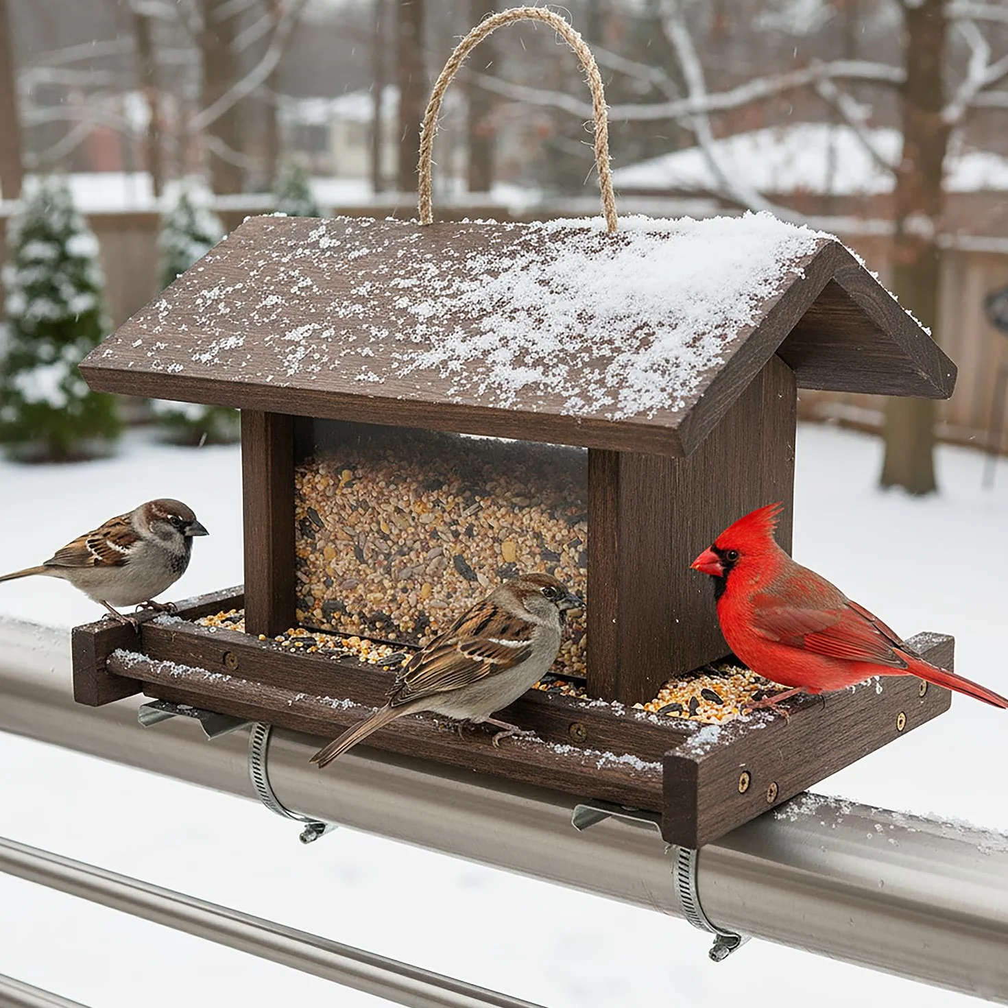 Mangeoire à Oiseaux en Bois Suspendue Grande Capacité avec Garde-Corps Support pour Jardin Extérieur