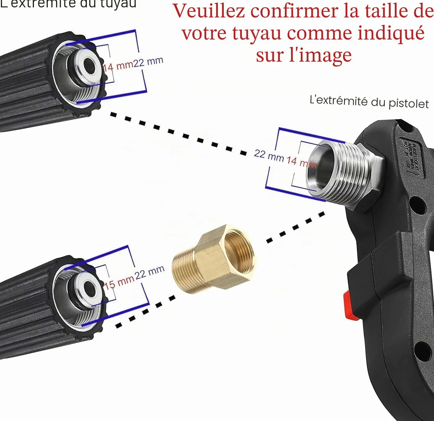 M MINGLE Pistolet Court pour Nettoyeur Haute Pression, Raccord M22, 5 Buses | Lance de Nettoyage Eau Chaude et Froide, Raccord Rapide 1/4", Verrouillage de Sécurité, 30 L/min, 350 Bar (5000 PSI)