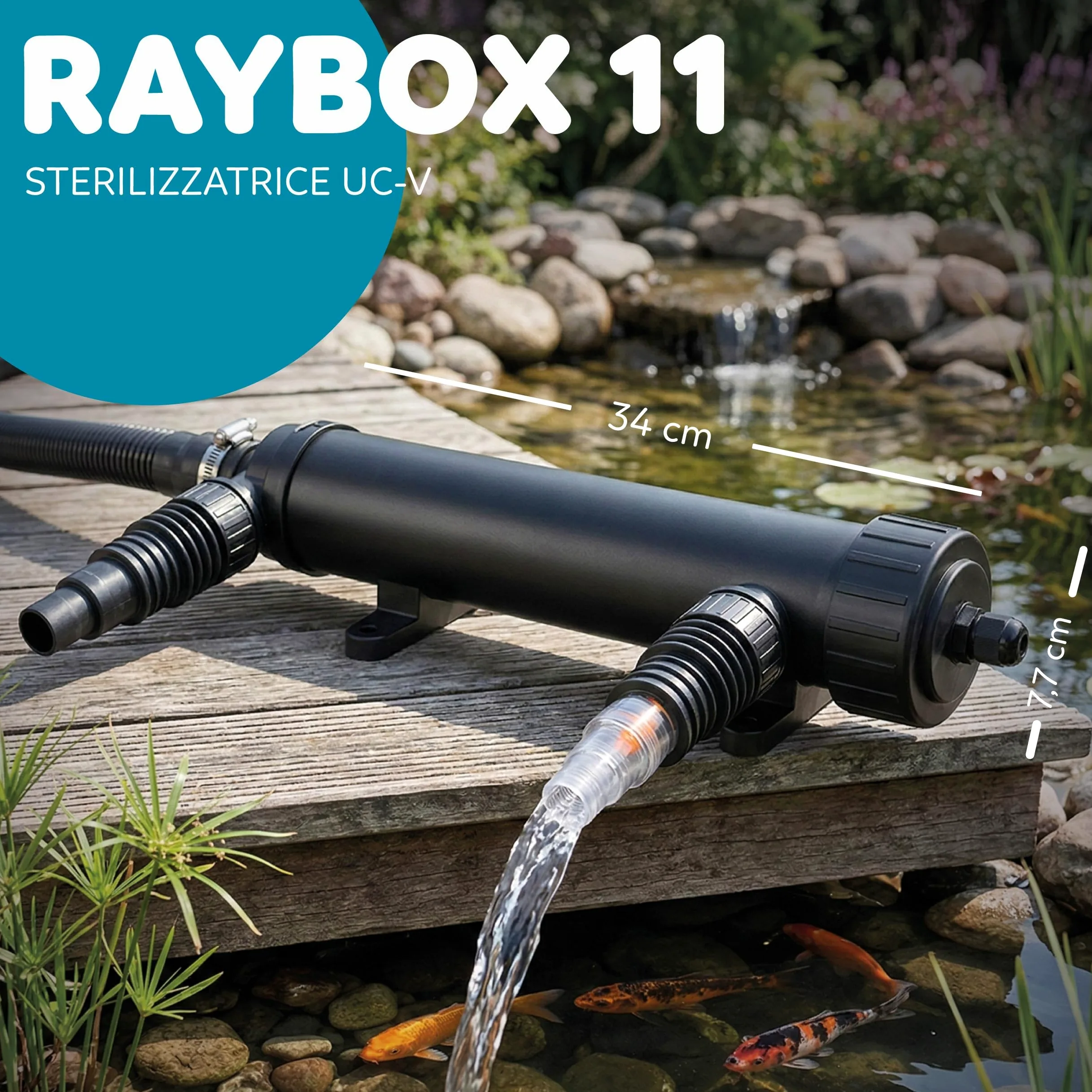 AQPOND Stérilisateur UV pour Bassin - Clarificateur UV-C pour contrôle des algues et de l'eau Verte - Système de stérilisation pour bassins, étangs et fontaines de Jardin, 1700 lt/h, 11 Watts