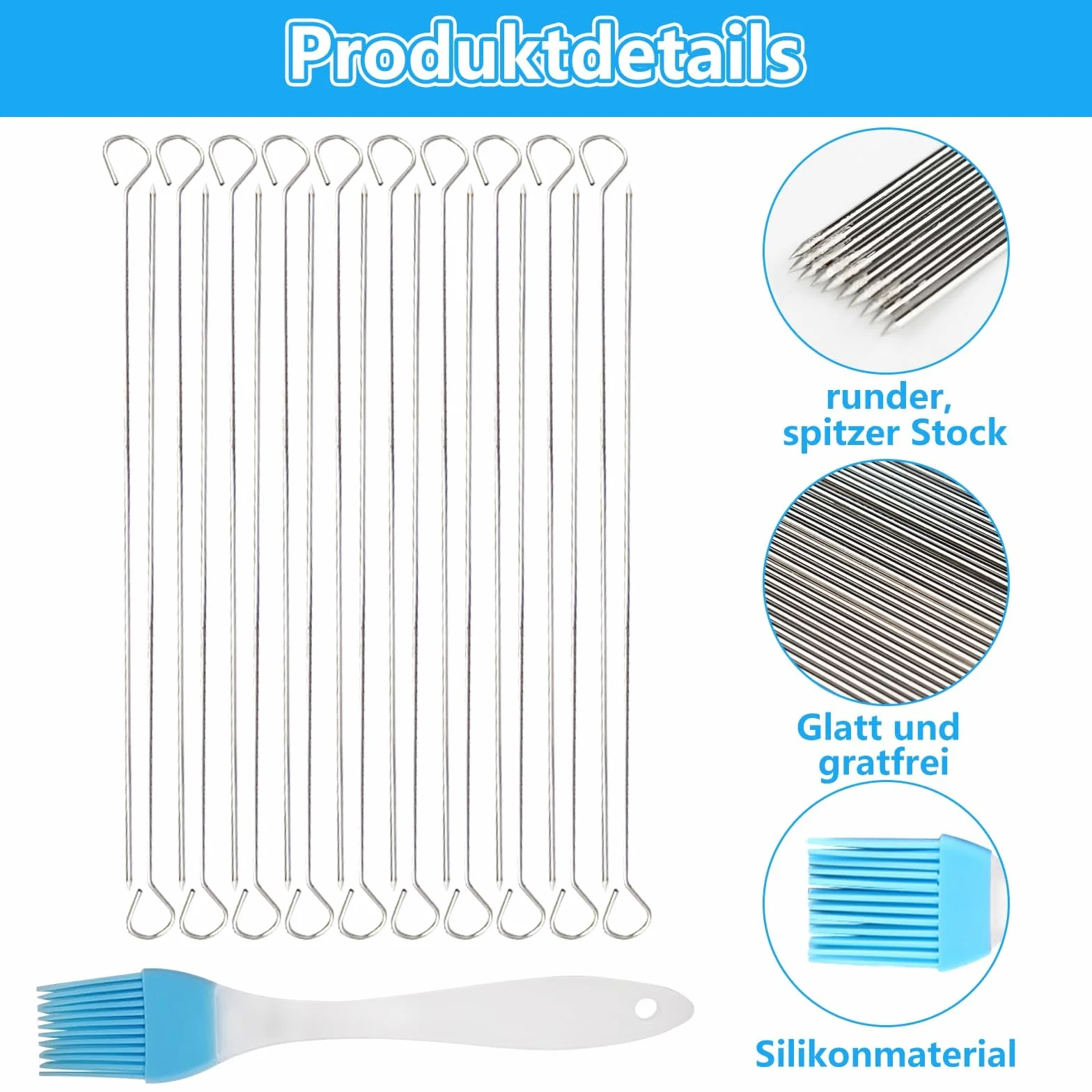 Pic a Brochette en Métal 30 cm avec Pinceau à Huile Silicone Bleu - Kit de Grillade pour Pique-nique et Camping