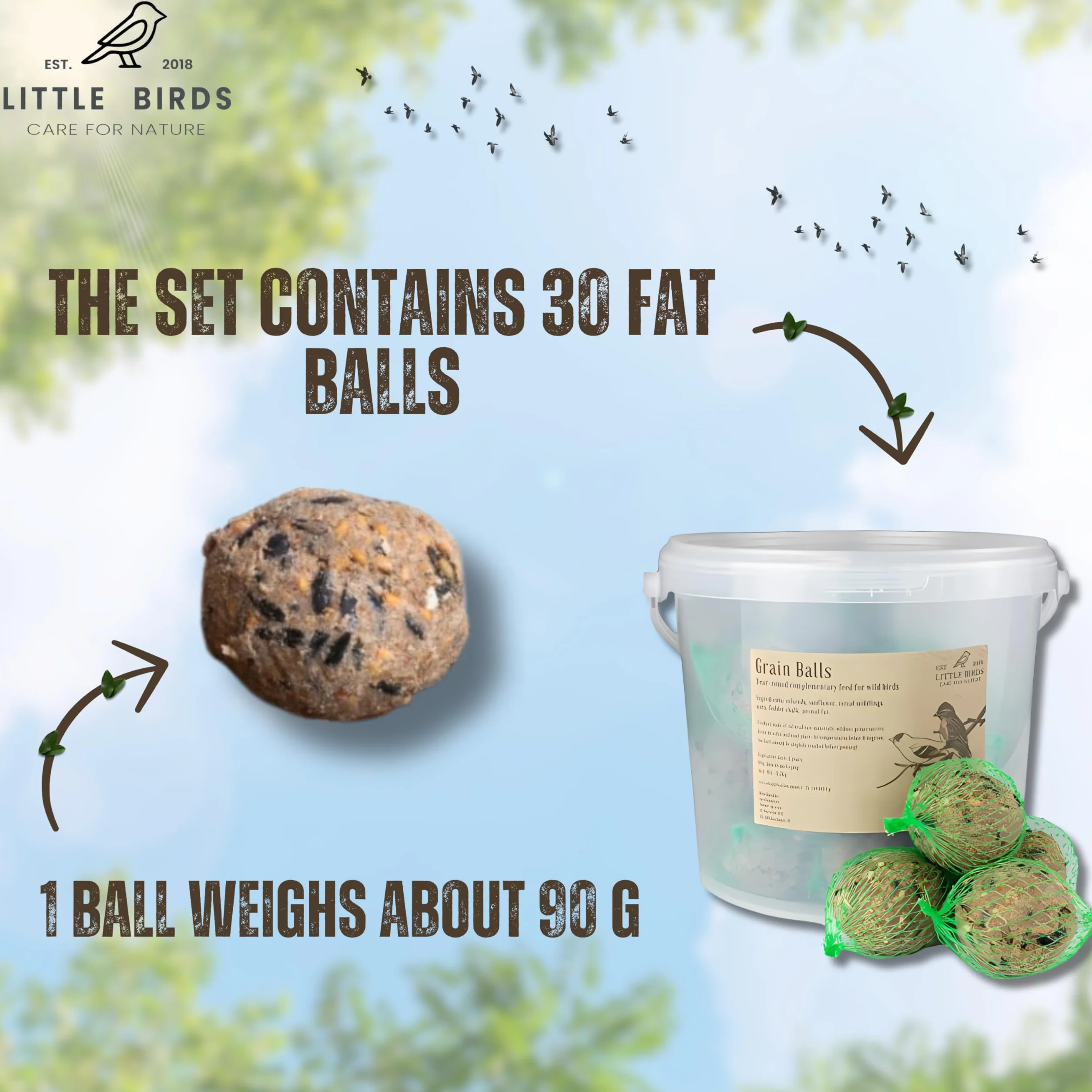 Care4Nature 30 Boules de Graisse Oiseaux du Jardin avec Filet - Ingrédients Naturels