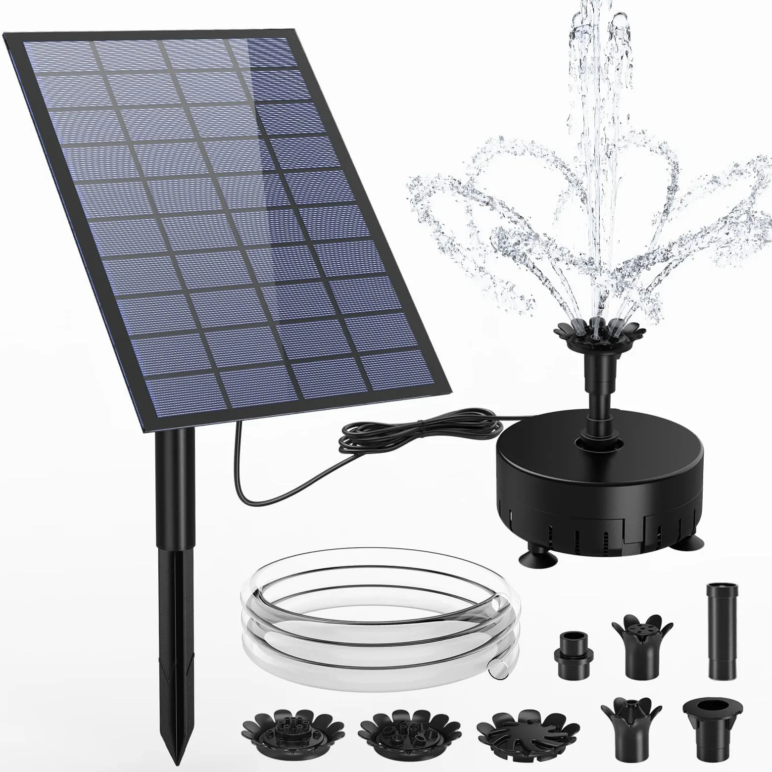 AMZtime Fontaine Solaire 7W pour Bain d'oiseaux avec 15 Buses de Bricolage Tuyau d'eau et Piquet pour Jardin, étang, Piscine, Extérieur | Avec tuyau d'eau et piquet pour jardin étang piscine et extérieur. Pompe solaire DIY polyvalente et écologique.