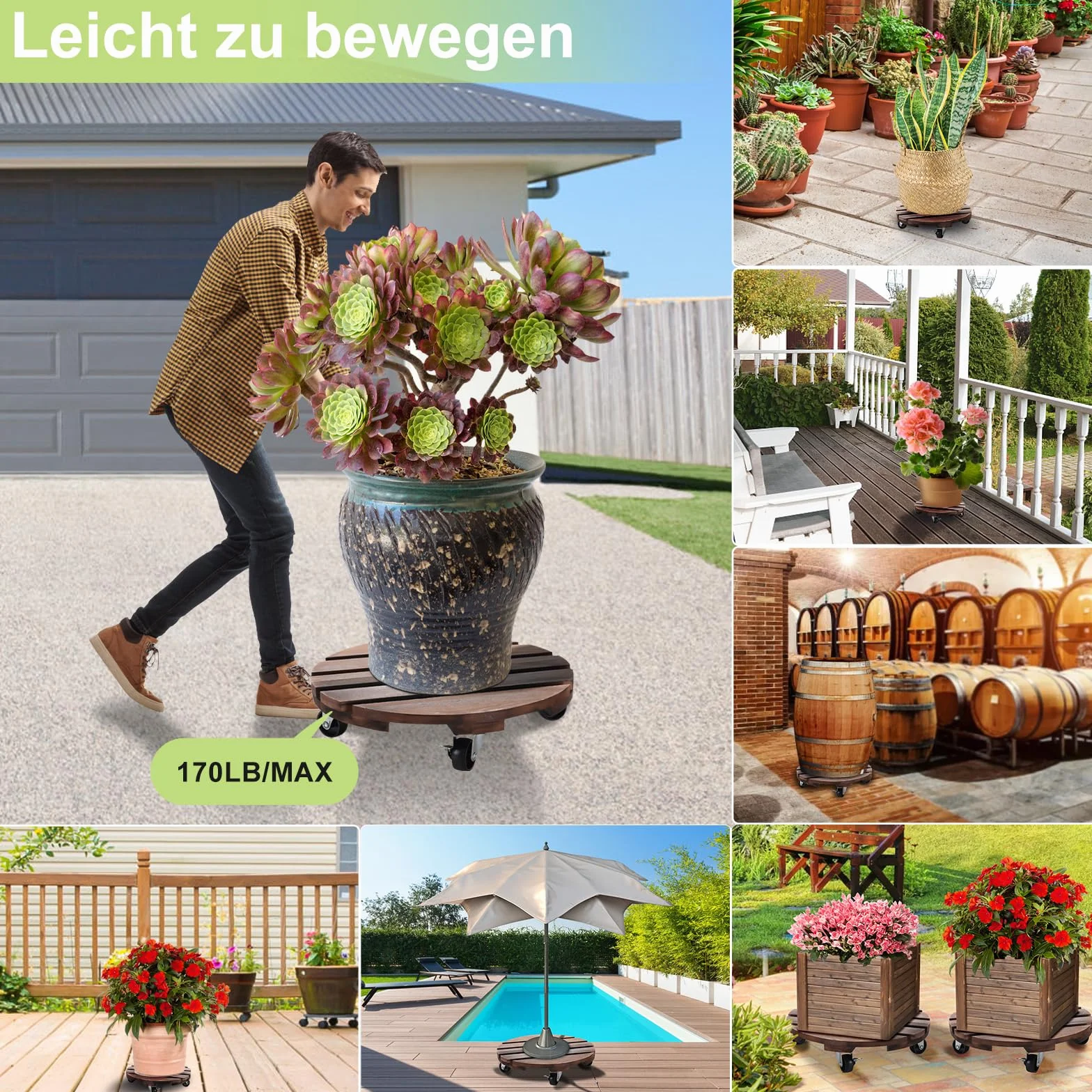 HOHY Chariot pour plantes d'extérieur résistant aux intempéries 2 x 30 cm avec roues pivotantes 360°