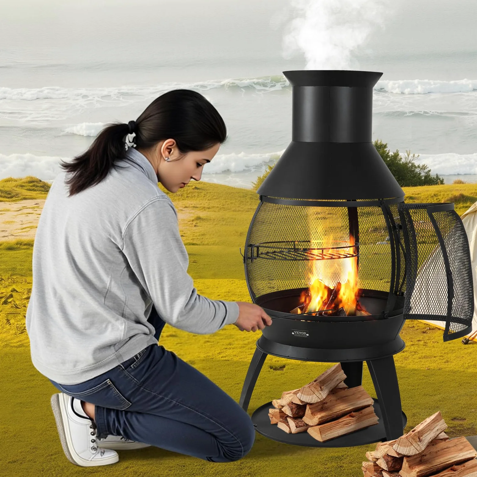 VEVOR Cheminée Extérieur, 559 mm, Poêle à Bois Sphérique en Fer Robuste pour Barbecue et Réchauffer, avec Grille, Couvercle de Cheminée Antirouille, pour Patio, Jardin, Arrière-Cour, en Plein Air