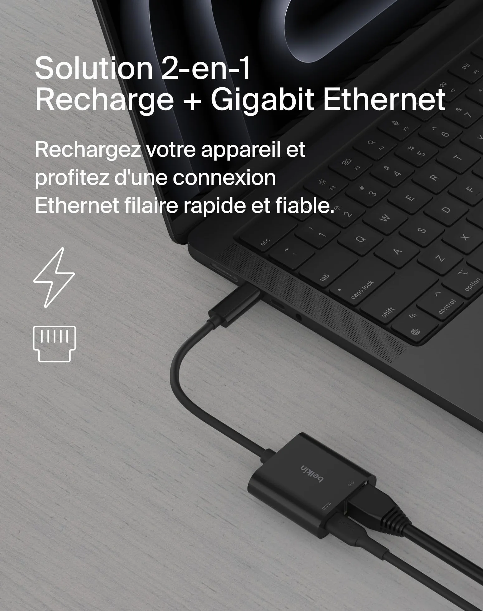 Belkin Connect Adaptateur USB-C vers Ethernet 100 W Gigabit Ethernet 10/100/1000 Mbits Recharge Rapide