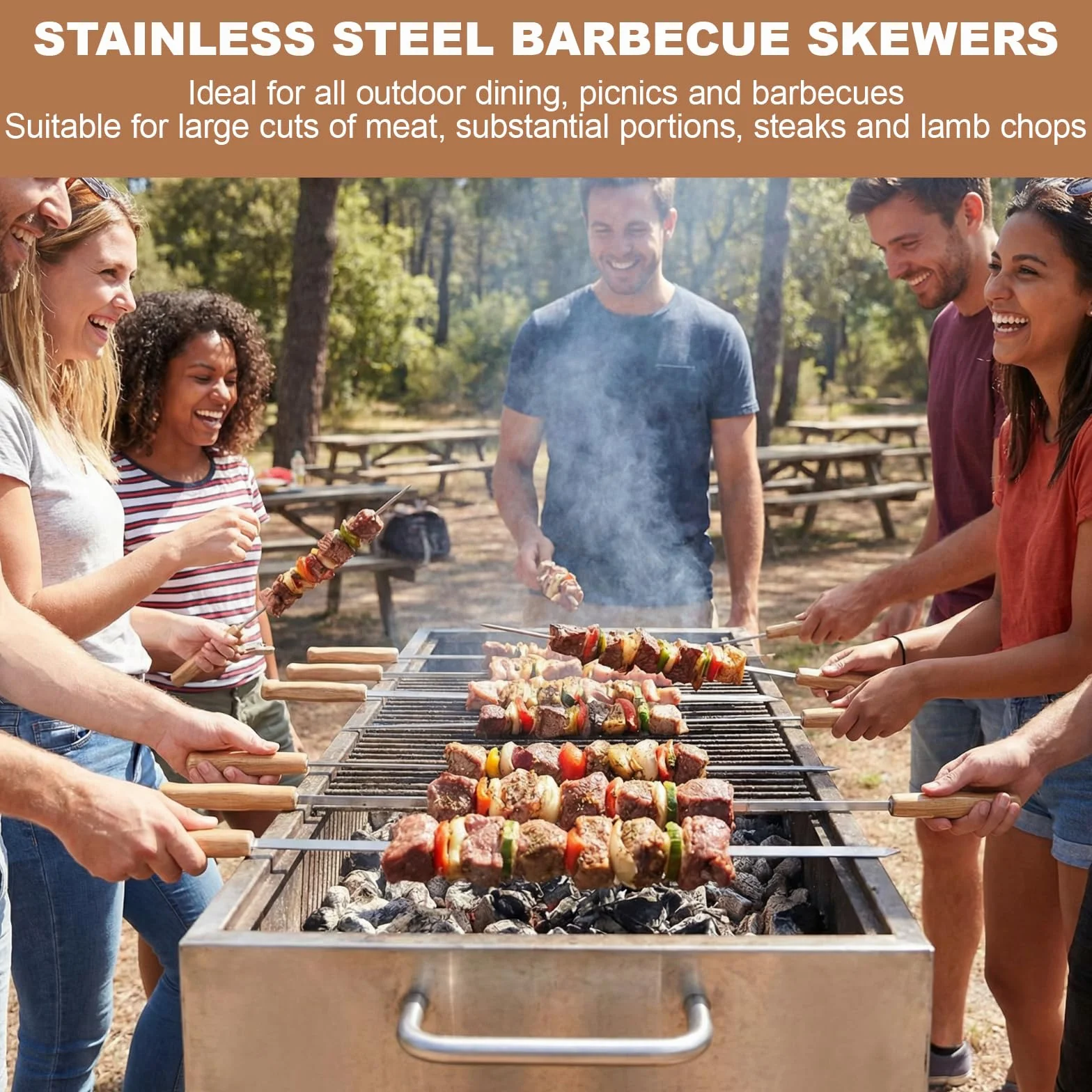 Brochettes barbecue acier inoxydable 410 44cm réutilisables manche chêne 8 pièces