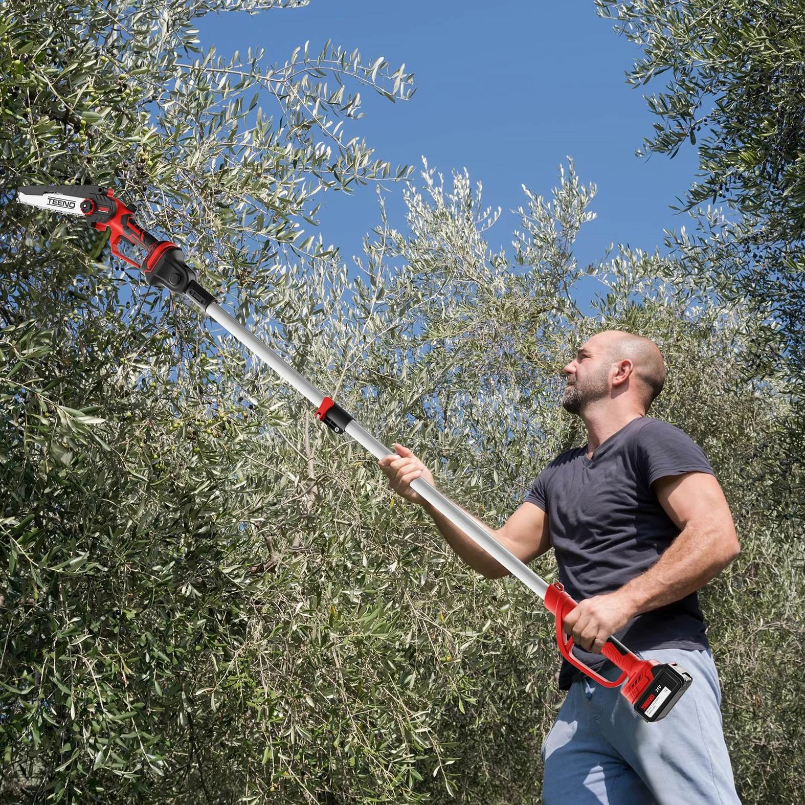 TEENO Tronçonneuse électrique 2-en-1丨Avec rallonge télescopique détachable | Guide-chaîne 2*6 pouces丨2 batteries 4 Ah丨2 chaînes丨Angle réglable à 180°丨Idéale pour le jardinage et l'élagage