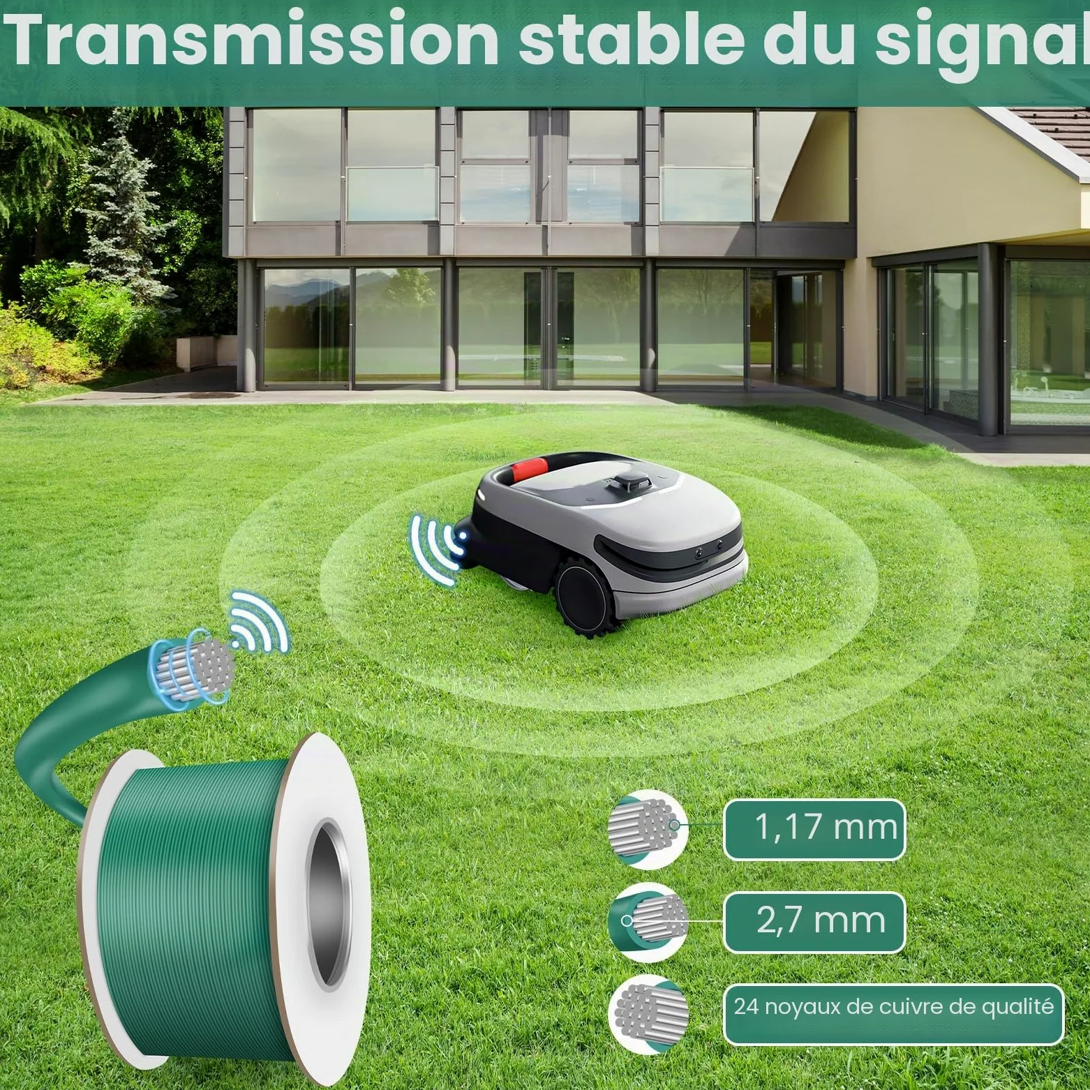 Câble de délimitation, 150 m, pour robot tondeuse - 200 piquets, 20 connecteurs de câble et 10 bornes de raccordement - Kit d'accessoires universels pour robot tondeuse