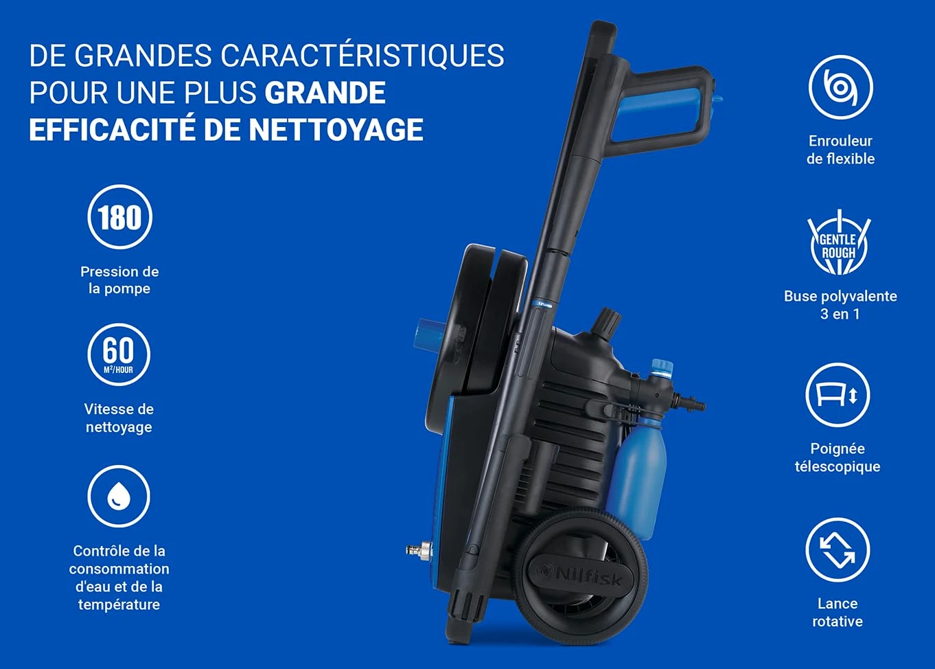 Nilfisk Excellent 180 Nettoyeur Haute Pression avec Smart Assistant - Nettoyeur Haute Performance pour Le Jardin, la Terrasse et Voitures (2800 W) 128471416