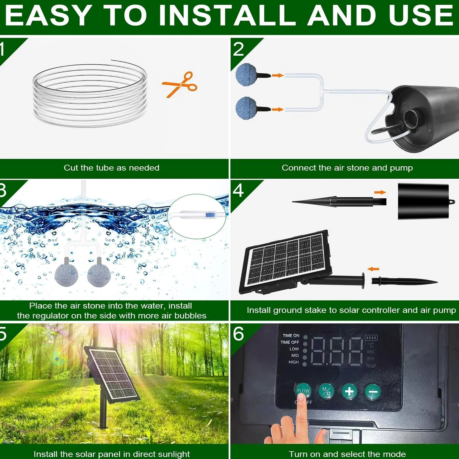 Aérateur Solaire pour Étang Oxygénateur Solaire pour Aquarium | Système D'oxygénation Avec Tuyau Et Pierre À Bulles Pour Bassin De Jardin Extérieur