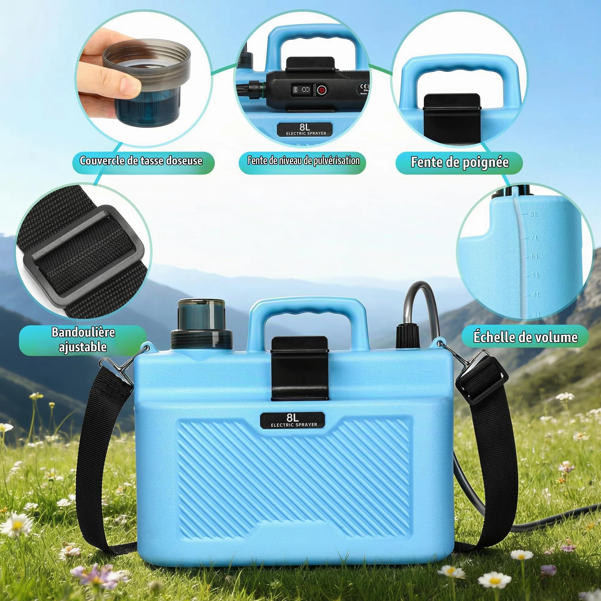 Pulverisateur Electrique 8L, 5V/2400mAh Pulverisateur de Jardin à 3 Niveaux de Pression, Pulverisateur avec 4 Buses Réglables & Perche Télescopique, Pulverisateur a Pression pour Arrosage