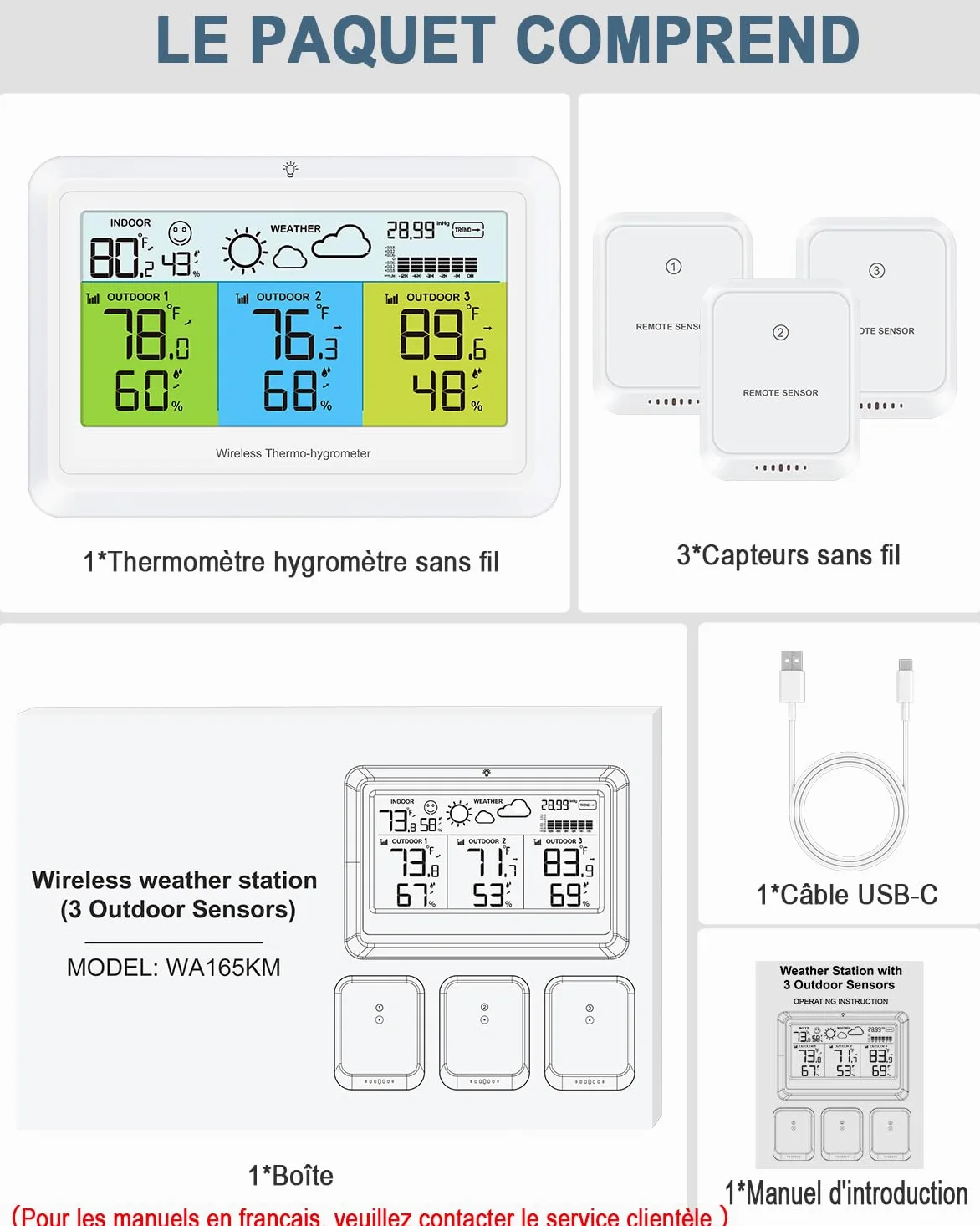 Station météo sans fil avec 3 capteurs extérieurs, écran LCD couleur avec prévisions météorologiques, pression atmosphérique, thermomètre intérieur extérieur, portée jusqu'à 100 m, blanche