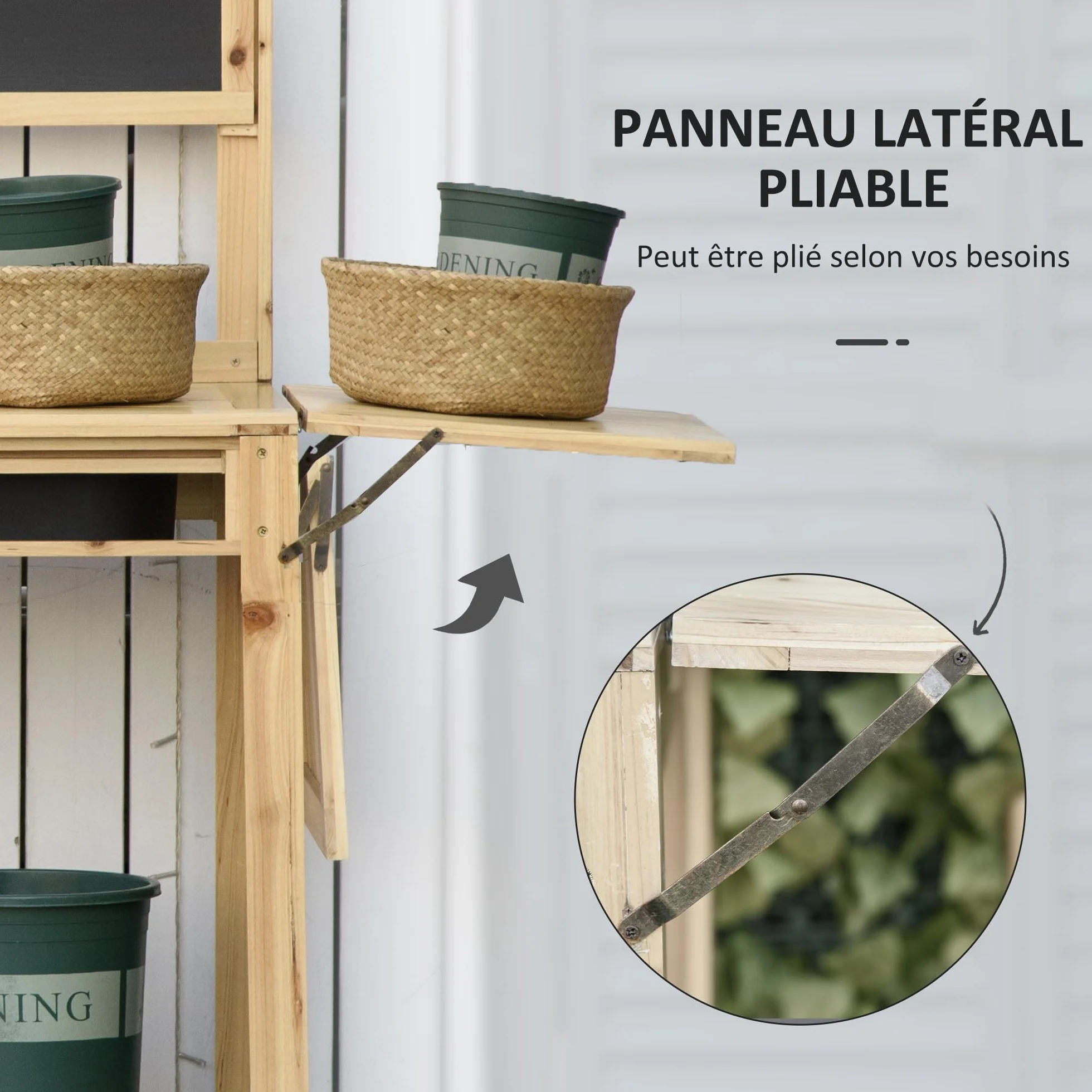 Outsunny Table de rempotage de jardin avec 2 étagères, tiroir, étagère pliante, 8 crochets, évier, tamis, planche en bois d'épicéa