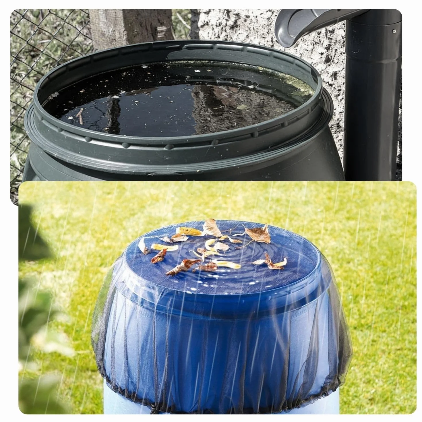 Lot de 3 filets de citerne de pluie 100 cm réglable avec cordon de serrage protection contre les feuilles insectes