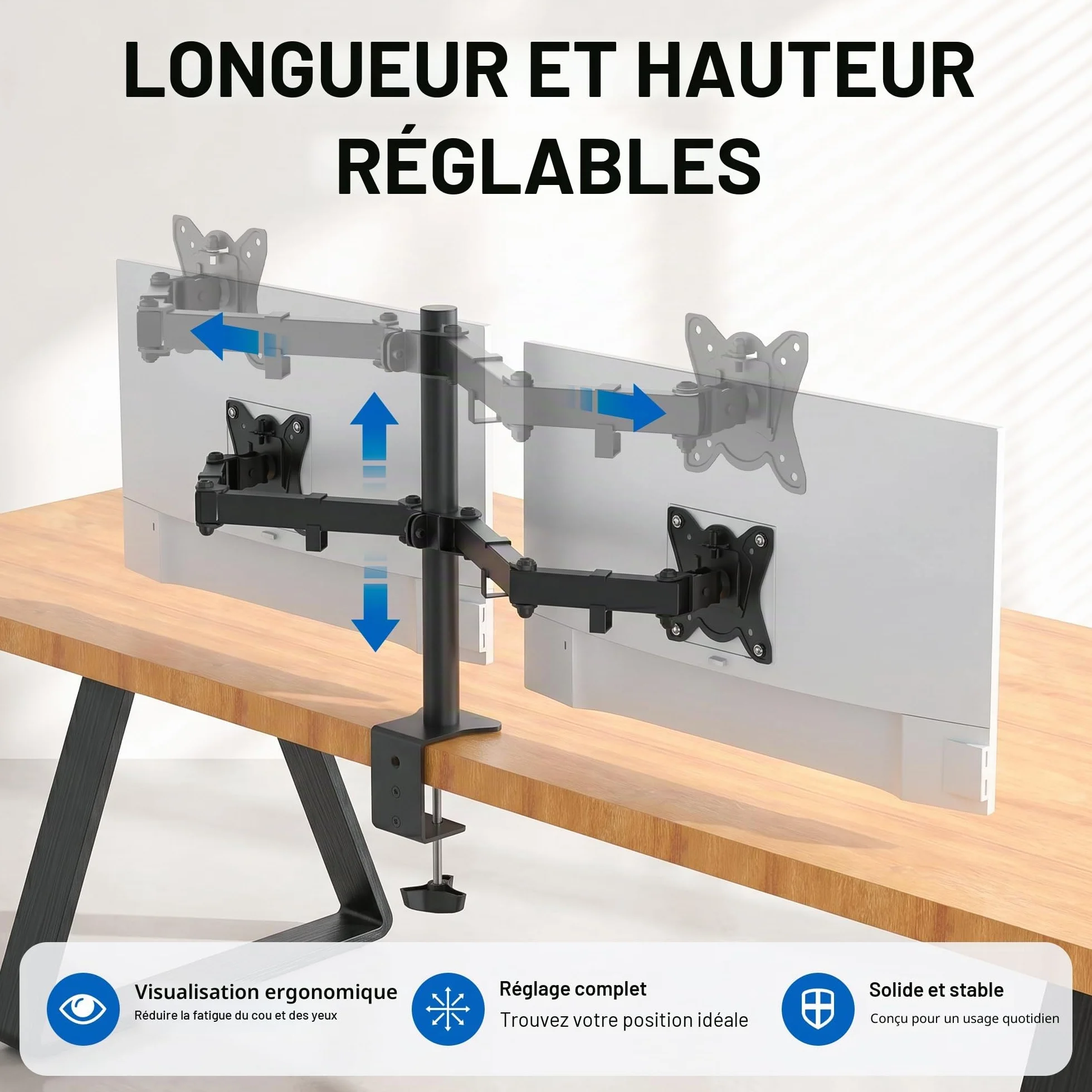 Bras Ecran PC VESA 75x100 360° Rotation ±90° Inclinable Hauteur Réglable 9KG Noir GRIFEMA GB2001-2