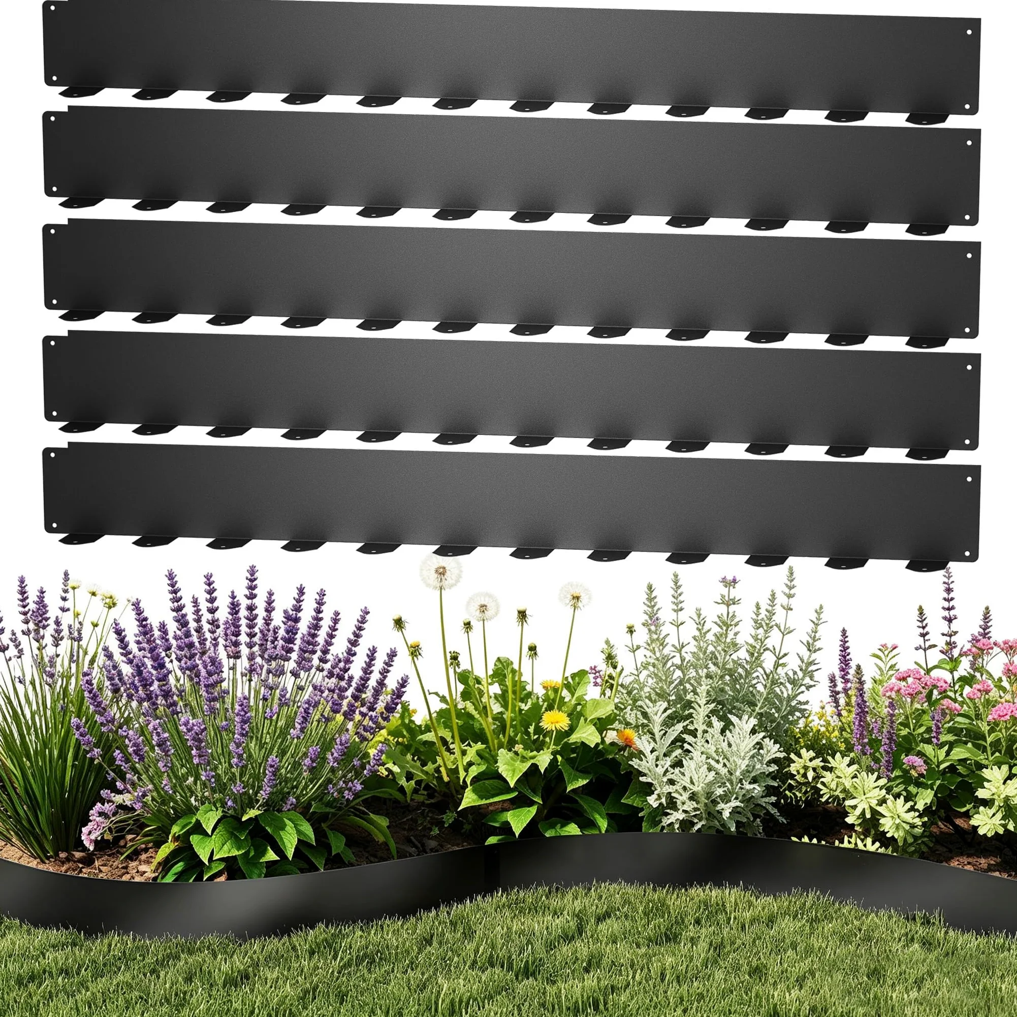 FIVMEN Lot de 10 bordures de pelouse en métal galvanisé avec 50 piquets d'ancrage - délimitation flexible de parterre - Noir - 100 x 10 cm