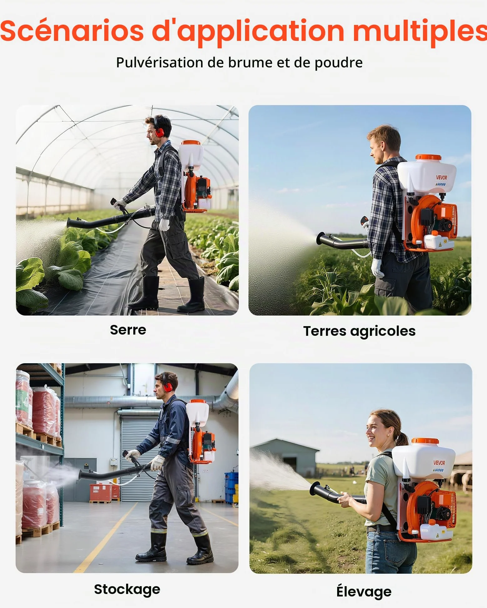 VEVOR Pulvérisateur à Dos Thermique, Moteur 63 CC 2,1 KW, Brumisateur à Dos à Essence avec Réservoir 16 L, Système Pulvérisation Poudre et Liquide, pour Entretien Cultures de Jardinage, Agriculture