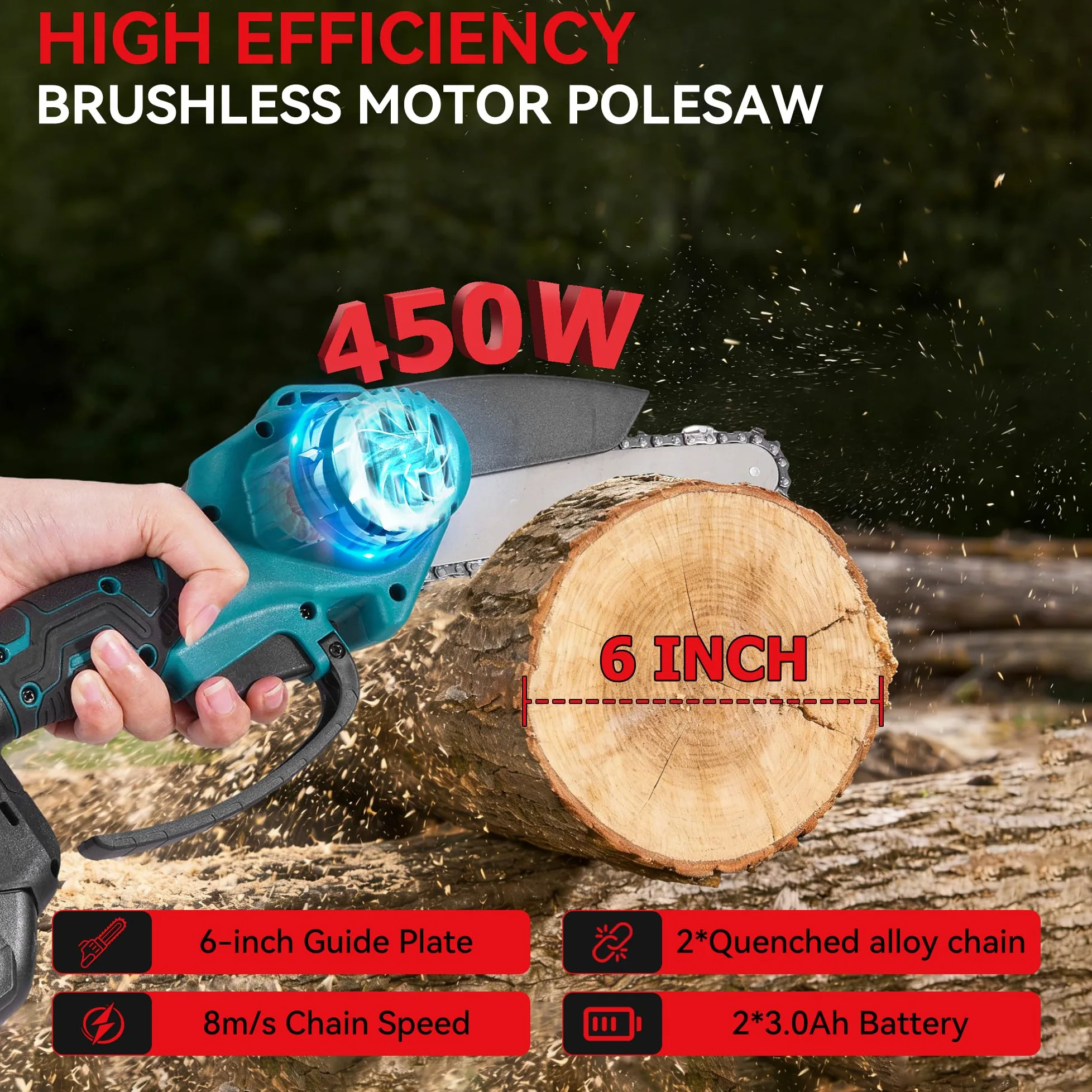ONEVAN Taille-haie Télescopique & Tronconneuse Sans Fil, Orientable 180° | 2 batteries 3,0Ah, perche télescopique 2,25m, tronçonneuse de 6" et taille-haie 30cm, brushless, pour l'élagage en hauteur