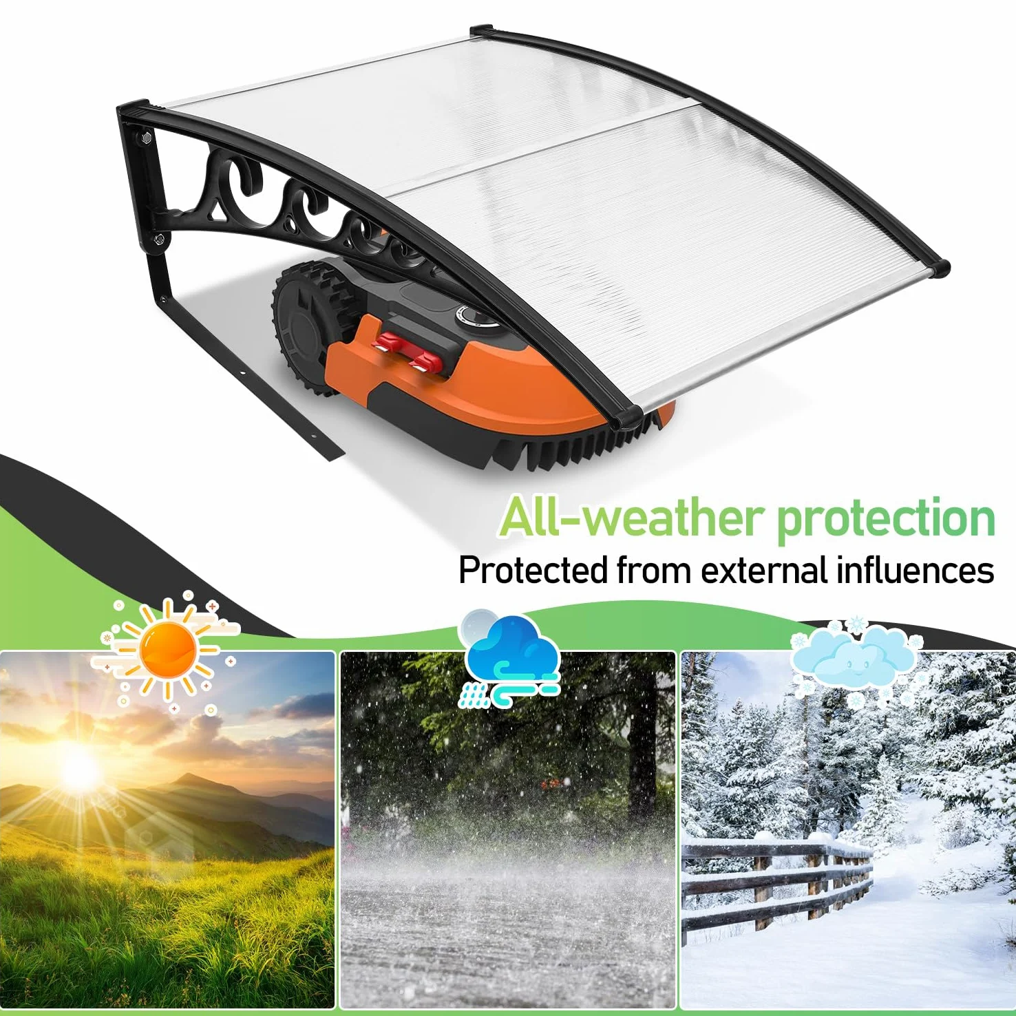 Eulenke Garage pour tondeuse robot à gazon, 105 x 85 x 45 cm, pour jardin, résistant aux intempéries et protection UV, avec pieds en métal, transparent