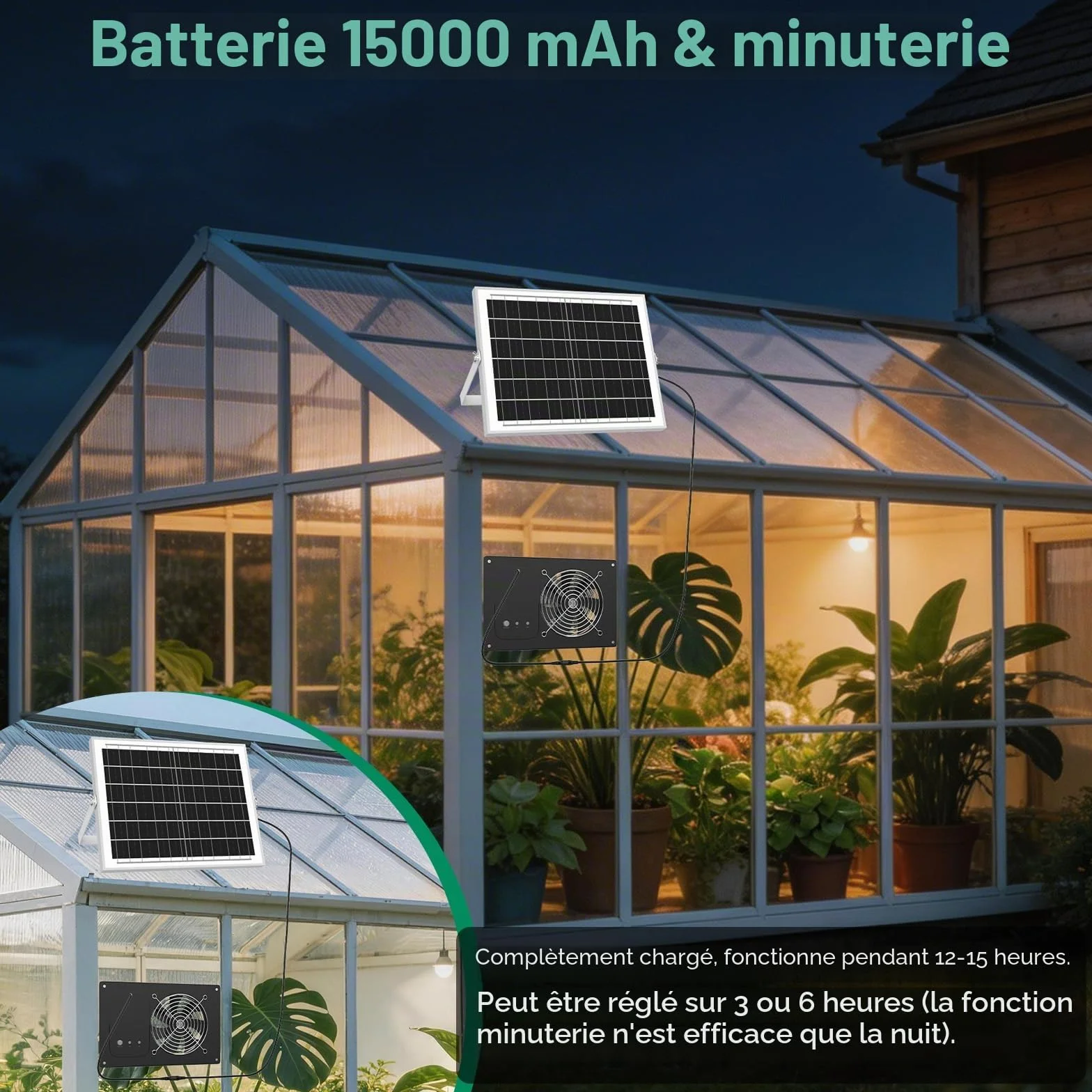 Ventilateur solaire 15000mAh 25W 3500RPM étanche silencieux pour poulailler serre