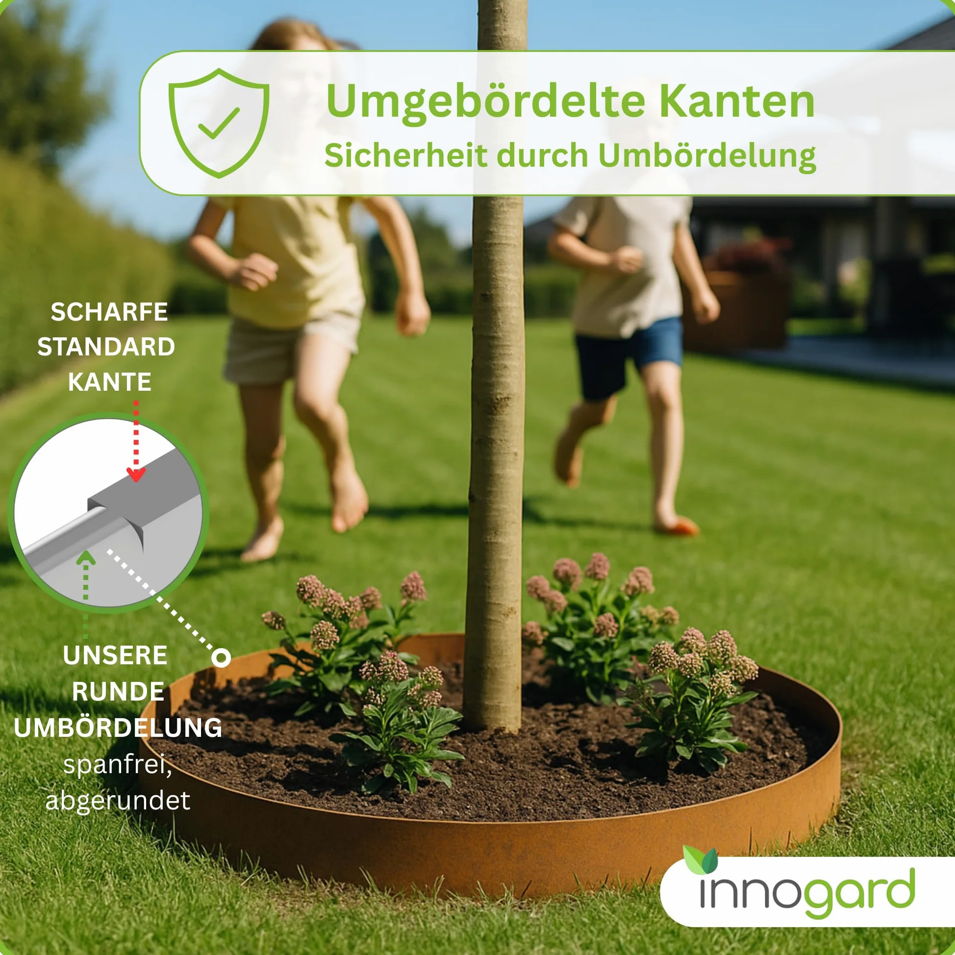 innogard Anneau d'arbre rond Ø 155 cm en acier Corten Hauteur 24 cm – Bordure d'arbre et bordure de pelouse en métal aspect rouille – Bordure de parterre ronde pour jardin – Anneau de plantation
