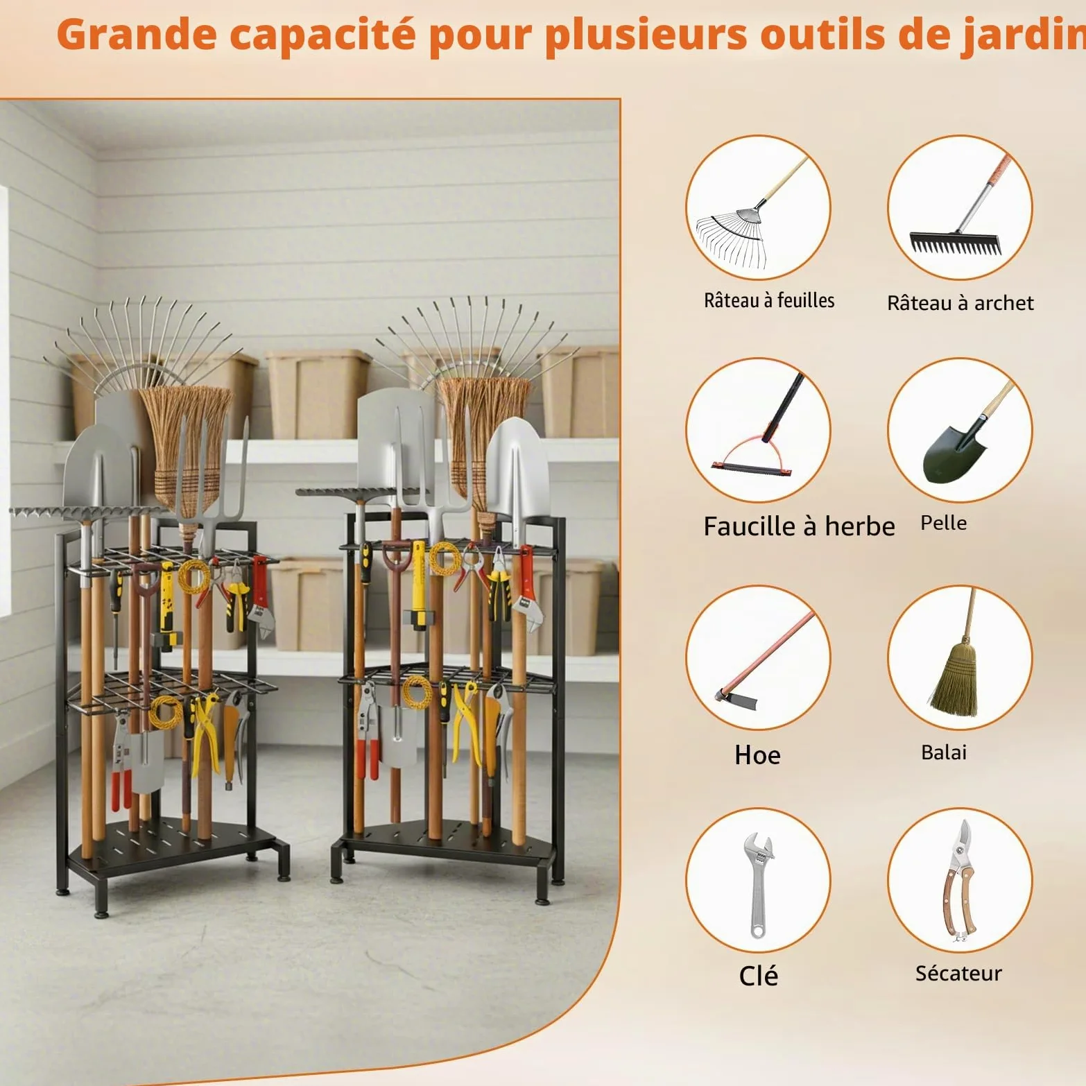 Organiseur D'Outils de Jardin éTagèRe à Outils de Jardin pour Coin Support en MéTal Robuste avec 34 Compartiments De Rangement Et 14 Crochets pour Pelles, RâTeaux, Outils à Long Manche