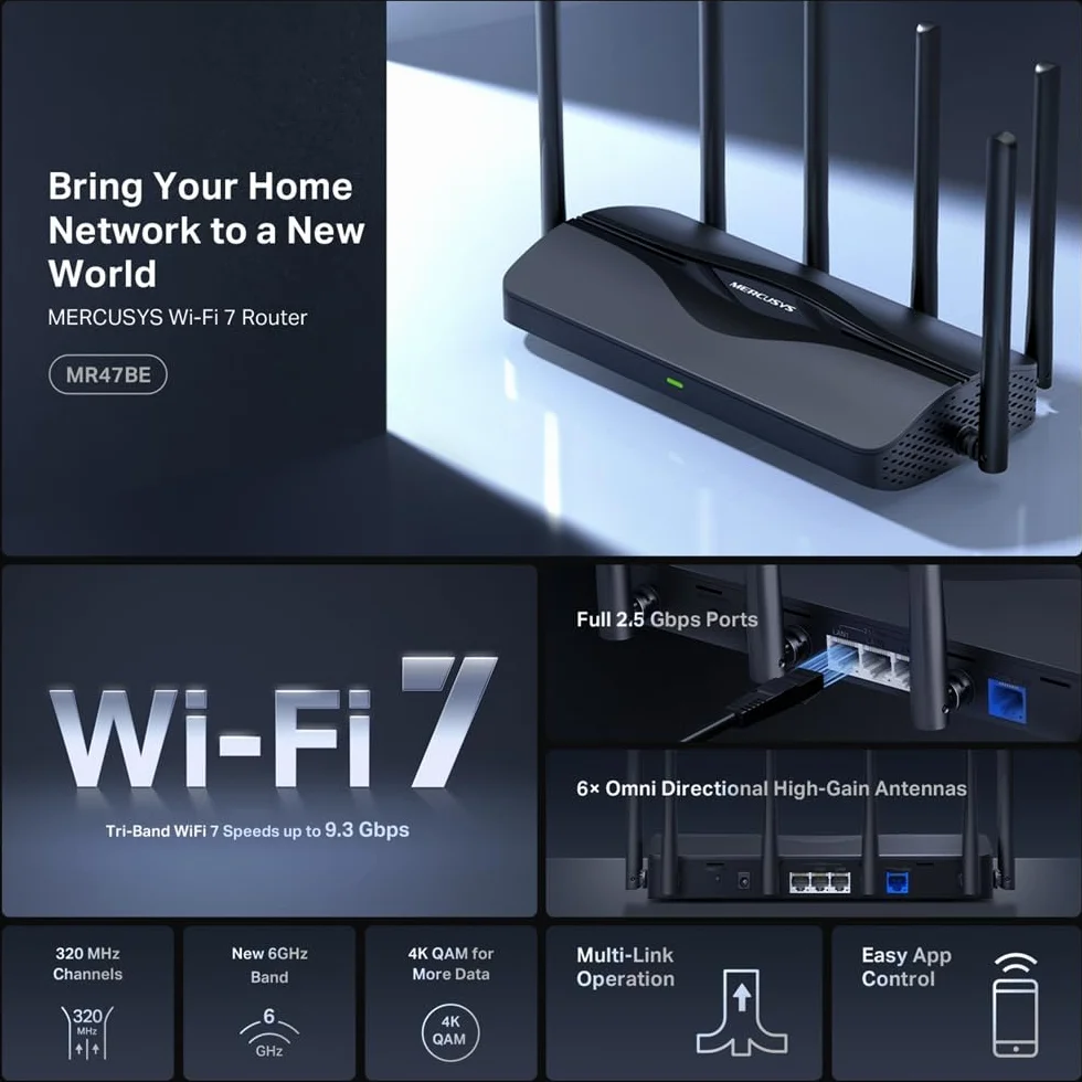 Routeur WiFi 7 TP-Link MERCUSYS MR47BE Tri-Bande BE9300Mbps 320 MHz 6GHz 4 Ports 2.5G EasyMesh 6 Antennes 4K-QAM