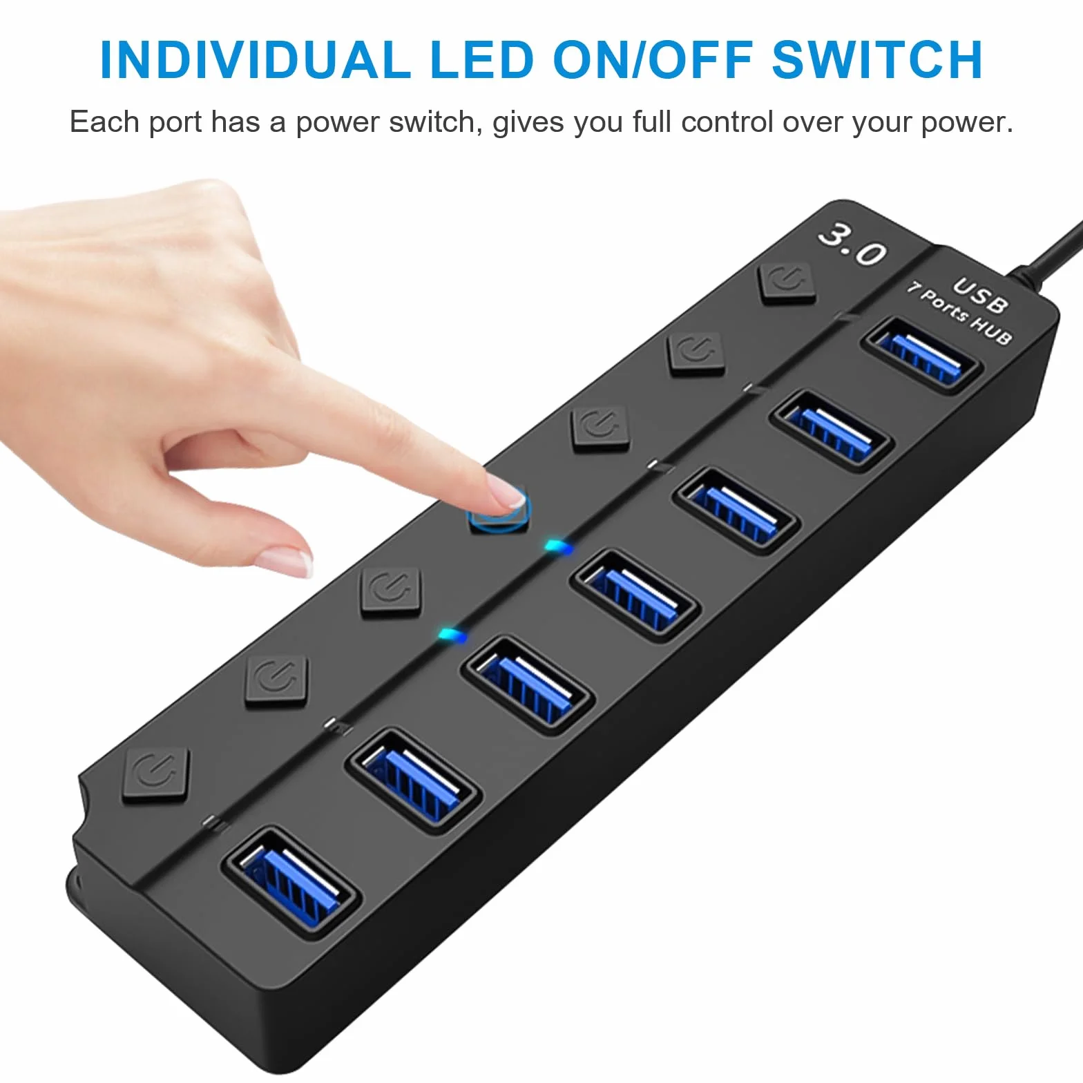HORJOR Hub USB 3.0 7 Ports avec Interrupteur Séparé et LED, Alimenté Adaptateur Transfert Données Charge Rapide