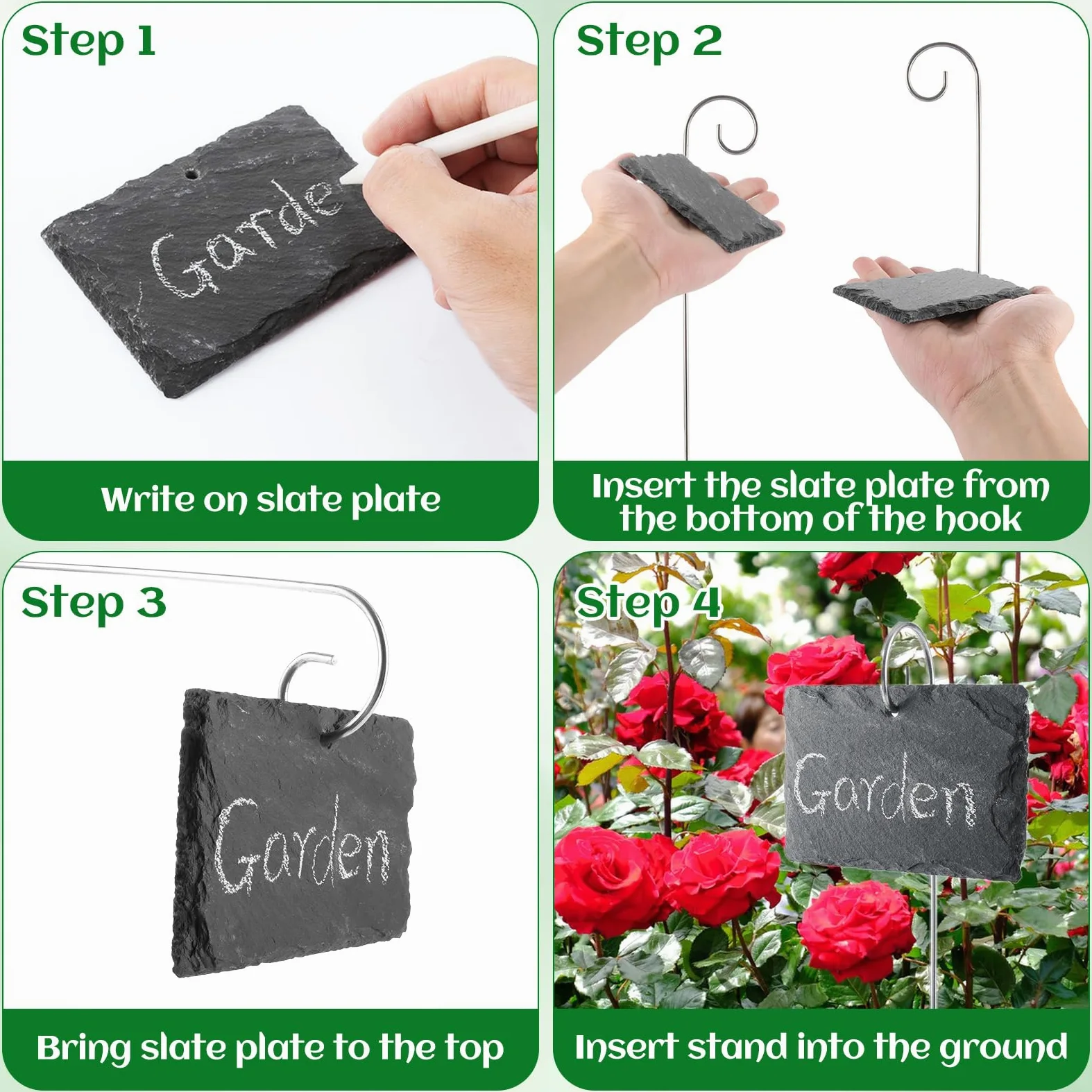 APACALI Lot de 15 étiquettes rectangulaires pour plantes en ardoise - 10 x 7 cm - Avec tiges en acier inoxydable de 40 cm - Pour plantes d'extérieur, légumes, fleurs