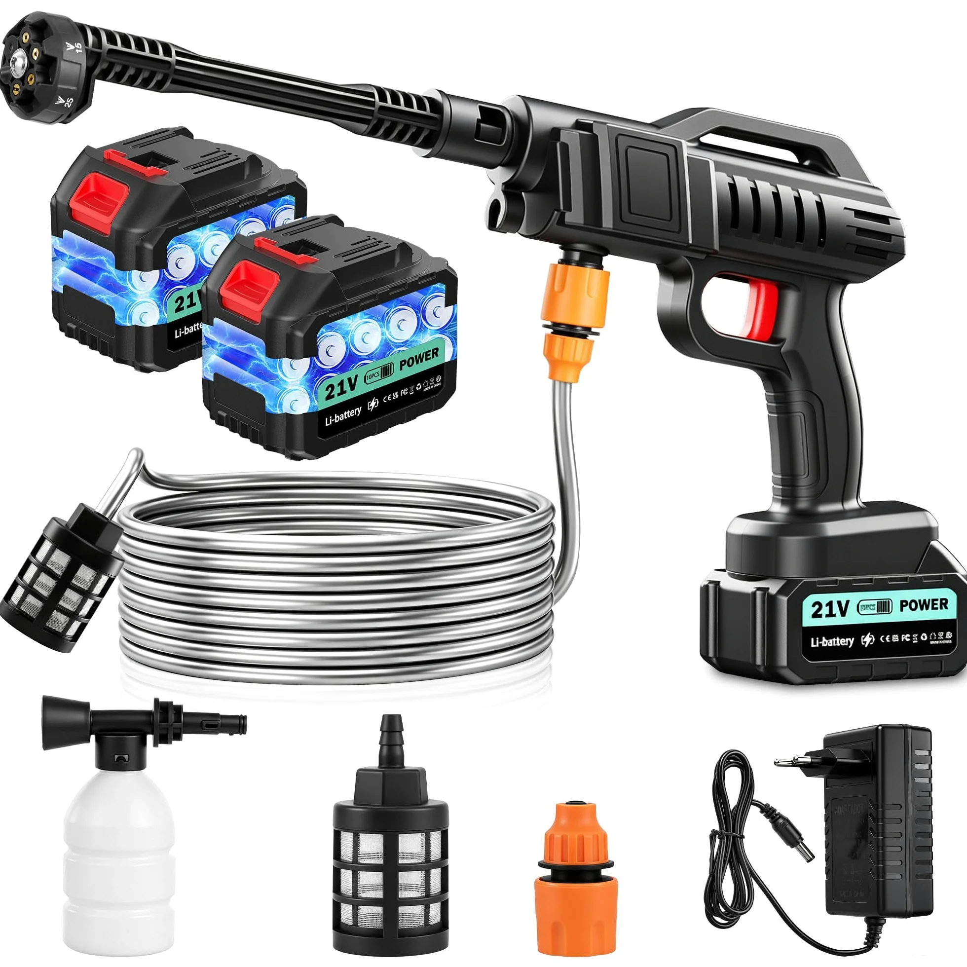 papasbox Nettoyeur Haute Pression sans Fil 100 Bar 270 l/h avec 2X Batteries de 3000 mAh pour Voiture Terrasse | Pistolet de Lavage Mobile Portable 6 en 1 Buse Tuyau de 5m