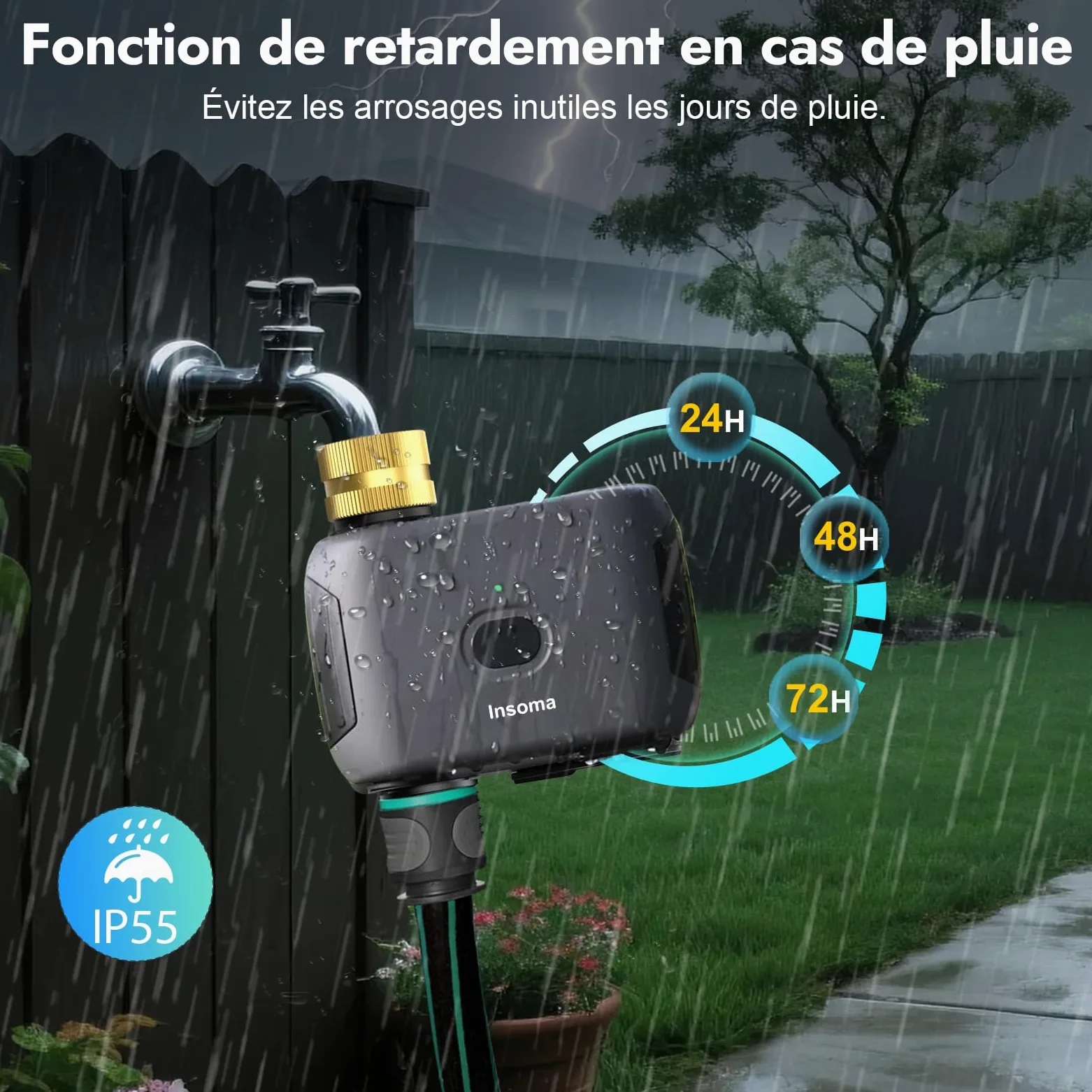 Insoma Minuteur d'eau WiFi pour tuyaux d'arrosage, minuterie Intelligente d'arrosage, télécommande par Application, minuterie de Tuyau WiFi, Commande vocale avec Alexa, Retard de Pluie et Mode Manuel