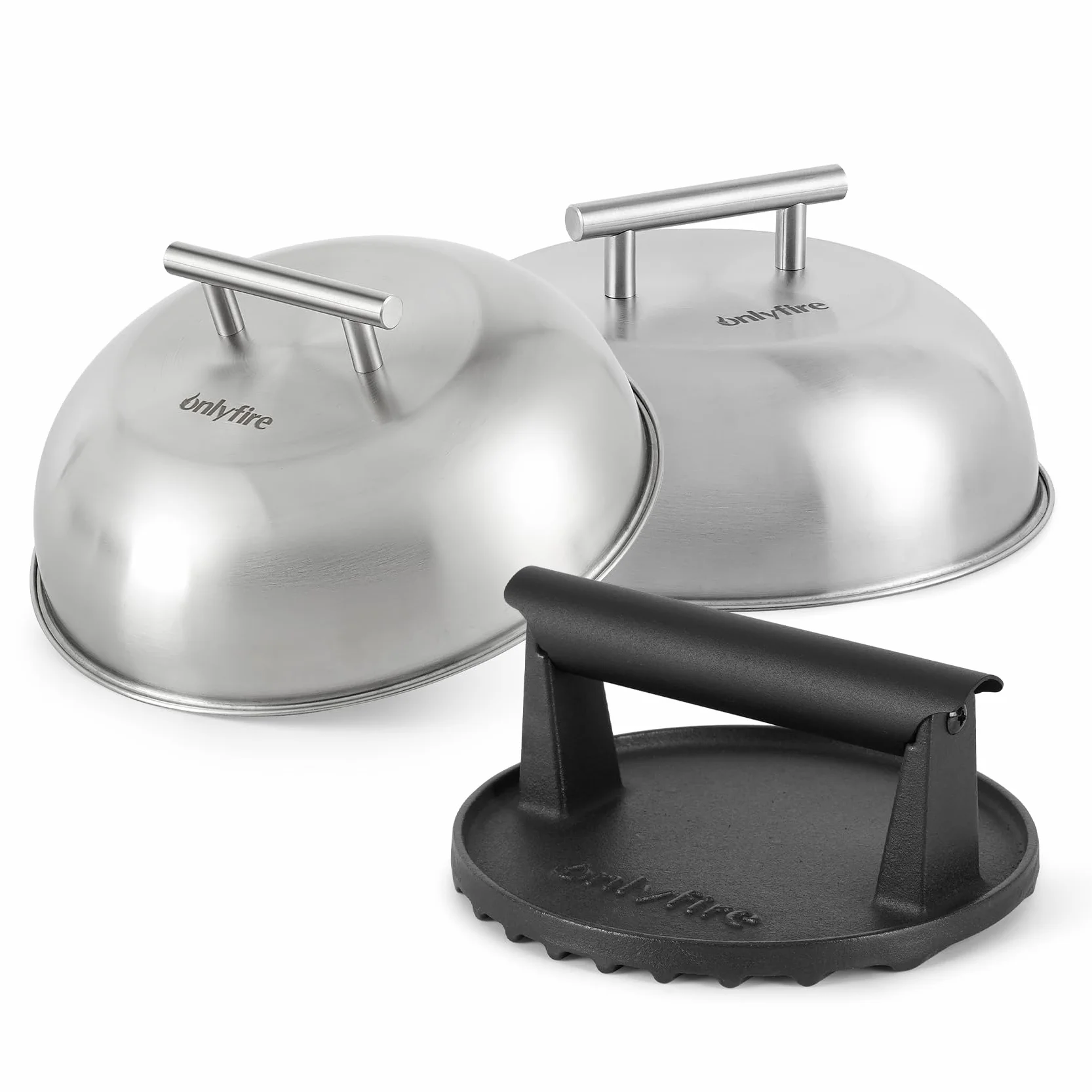 Onlyfire Set Smash Burger 3 Pièces, Presse à Burger Fonte et 2 Cloches Cuisson Acier Inoxydable, Kit Plancha Barbecue
