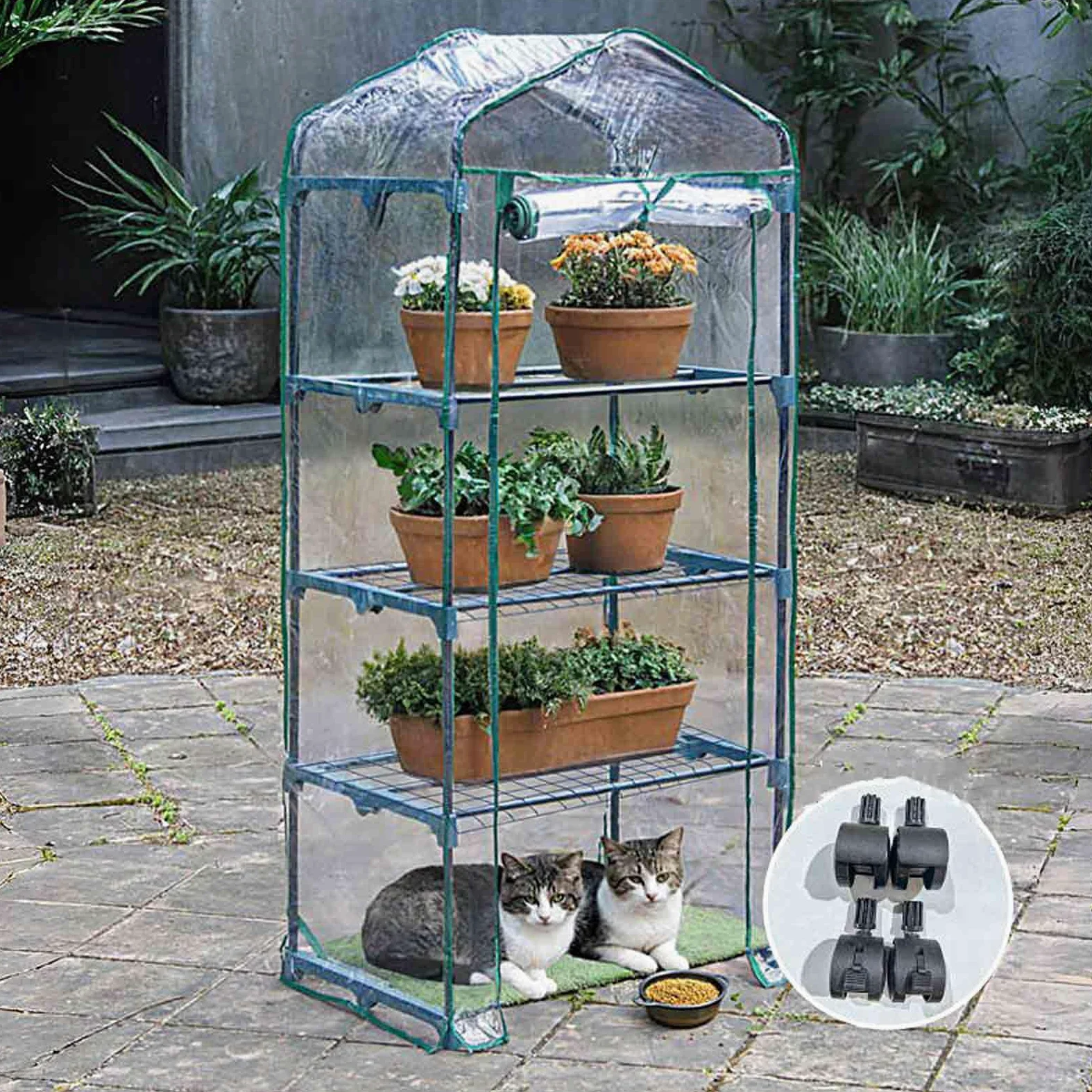 Serre à 4 étages avec design pop-up portable, couverture en PE/PVC, fenêtres et portes enroulables pour la croissance des plantes d'intérieur et d'extérieur