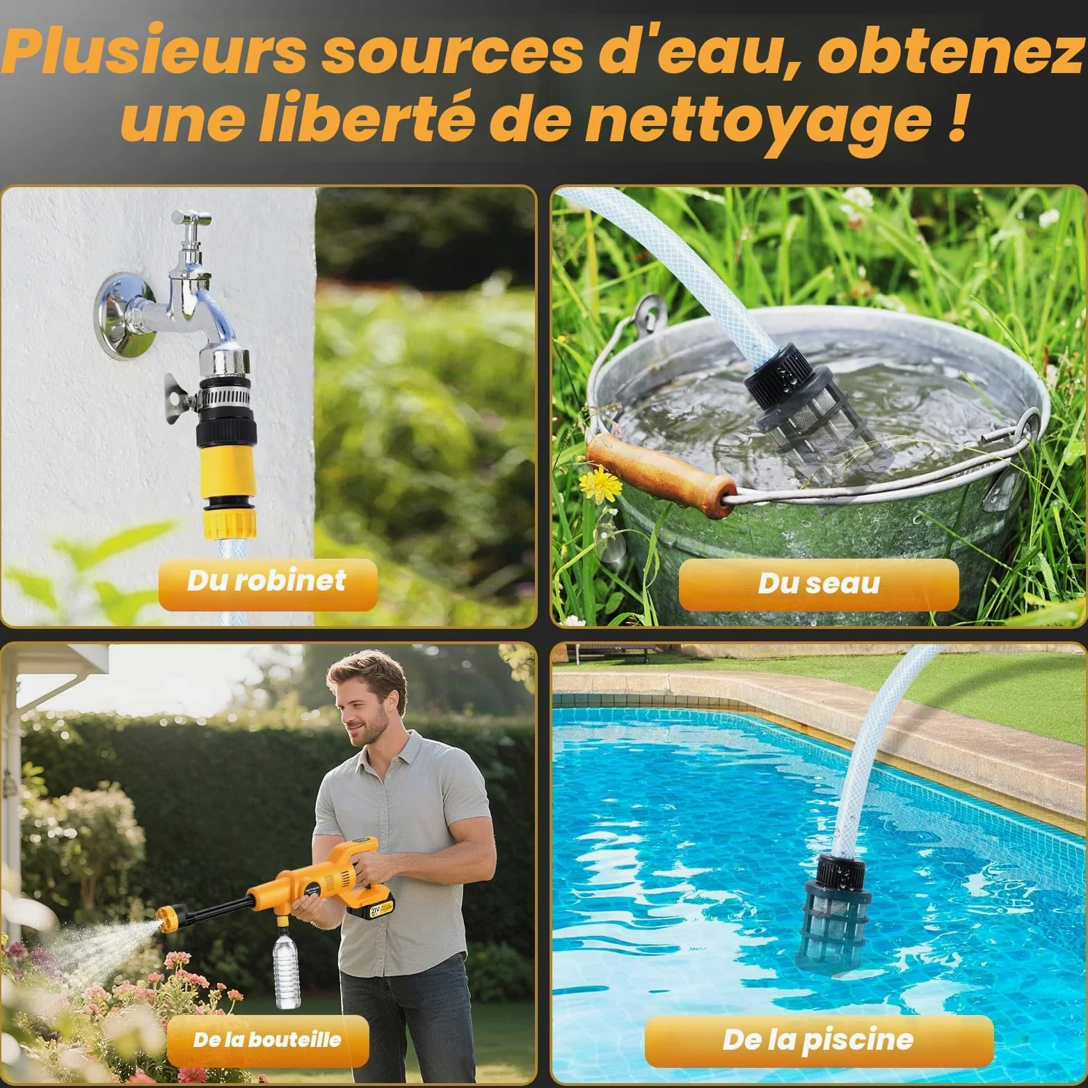 Nettoyeur Haute Pression sans Fil, 65 Bar Nettoyeur Haute Pression sur Batterie 21V/4000 mAh x2 • 80 Min d'autonomie, Nettoyeurs Haute-Pression Portable, Pistolet a Eau pour Voitures, Sol