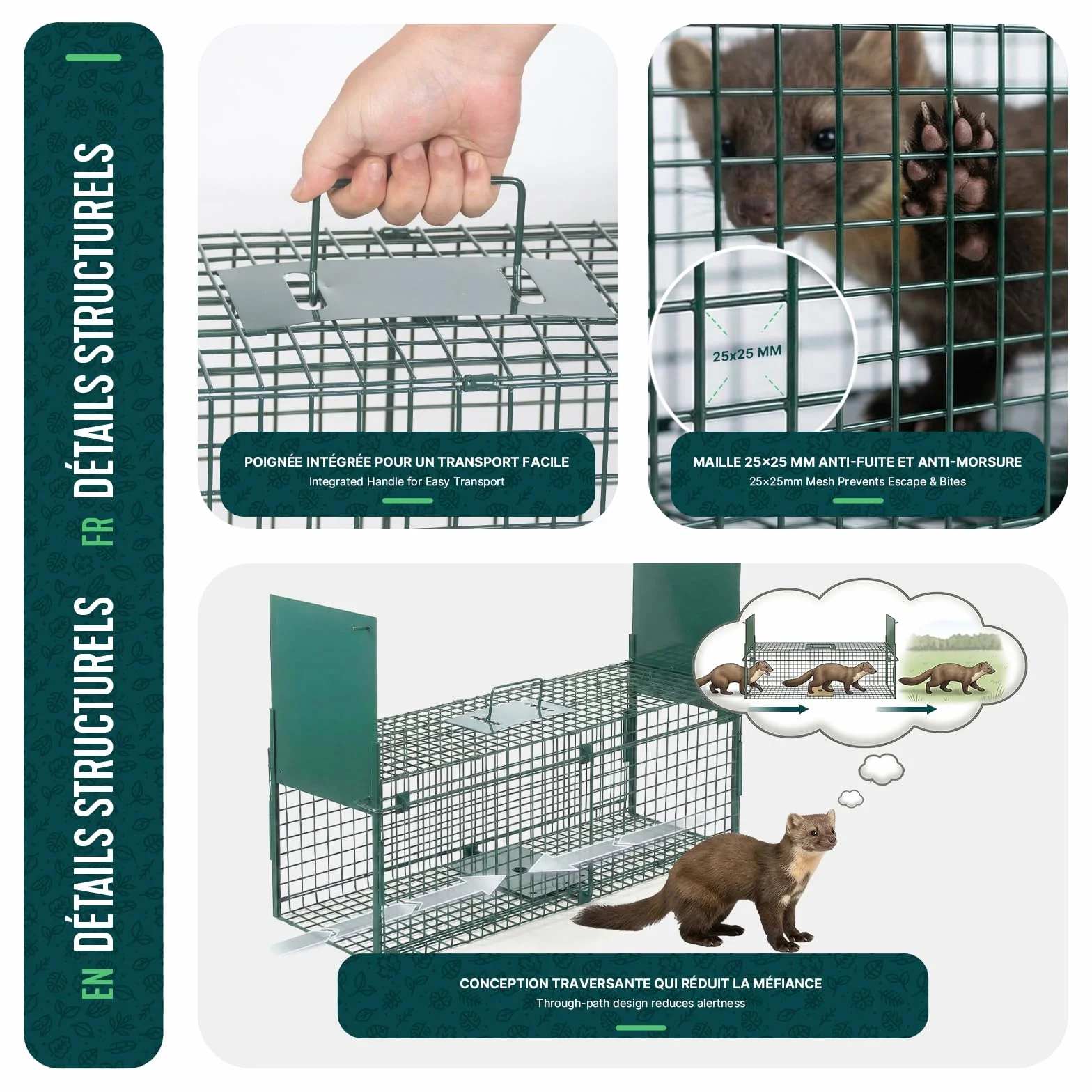 Piège à Animaux Vivants 80x26x34cm Cage de Capture sans Cruauté Réutilisable pour Rats Fouines Lapins Renard Vert