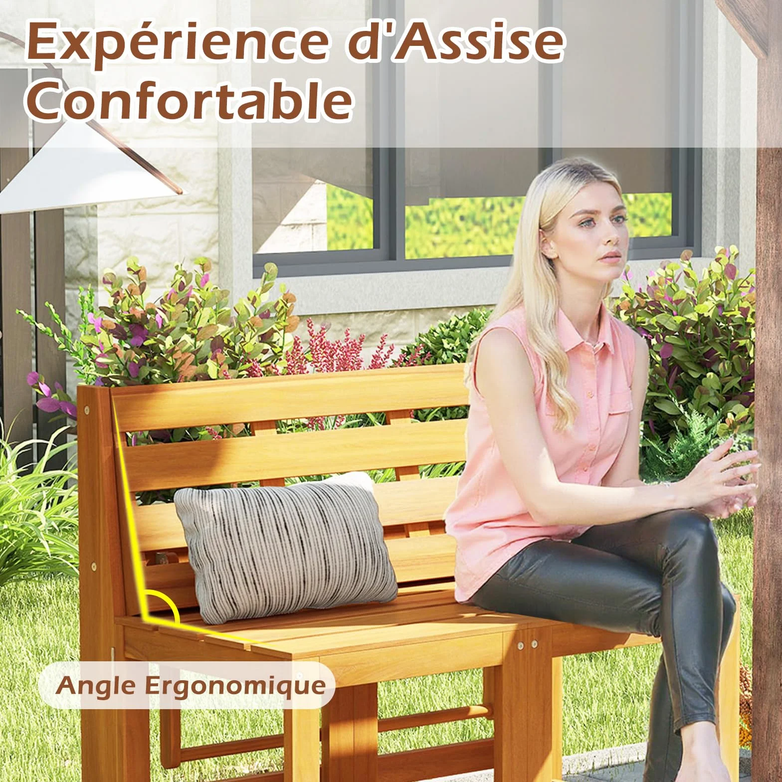 GOPLUS Salon de Jardin Extérieur 3 en 1 Banc Convertible Acacia Pliant 2 Personnes FSC Naturel