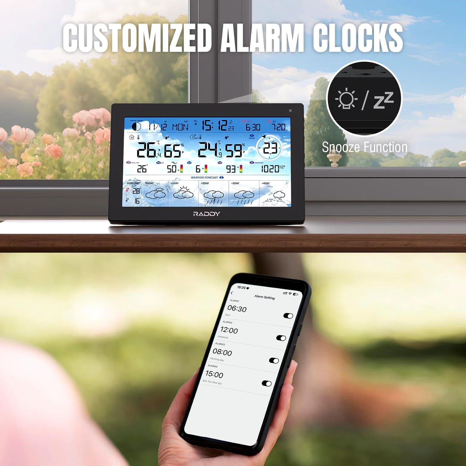 Raddy N90 Wi-Fi Station météo avec capteur sans fil, 8,8" HTN écran, Connectivité via App intelligente, Thermomètre intérieur/extérieur, Moniteur de température et d'humidité, PM2,5/AQI/UVI