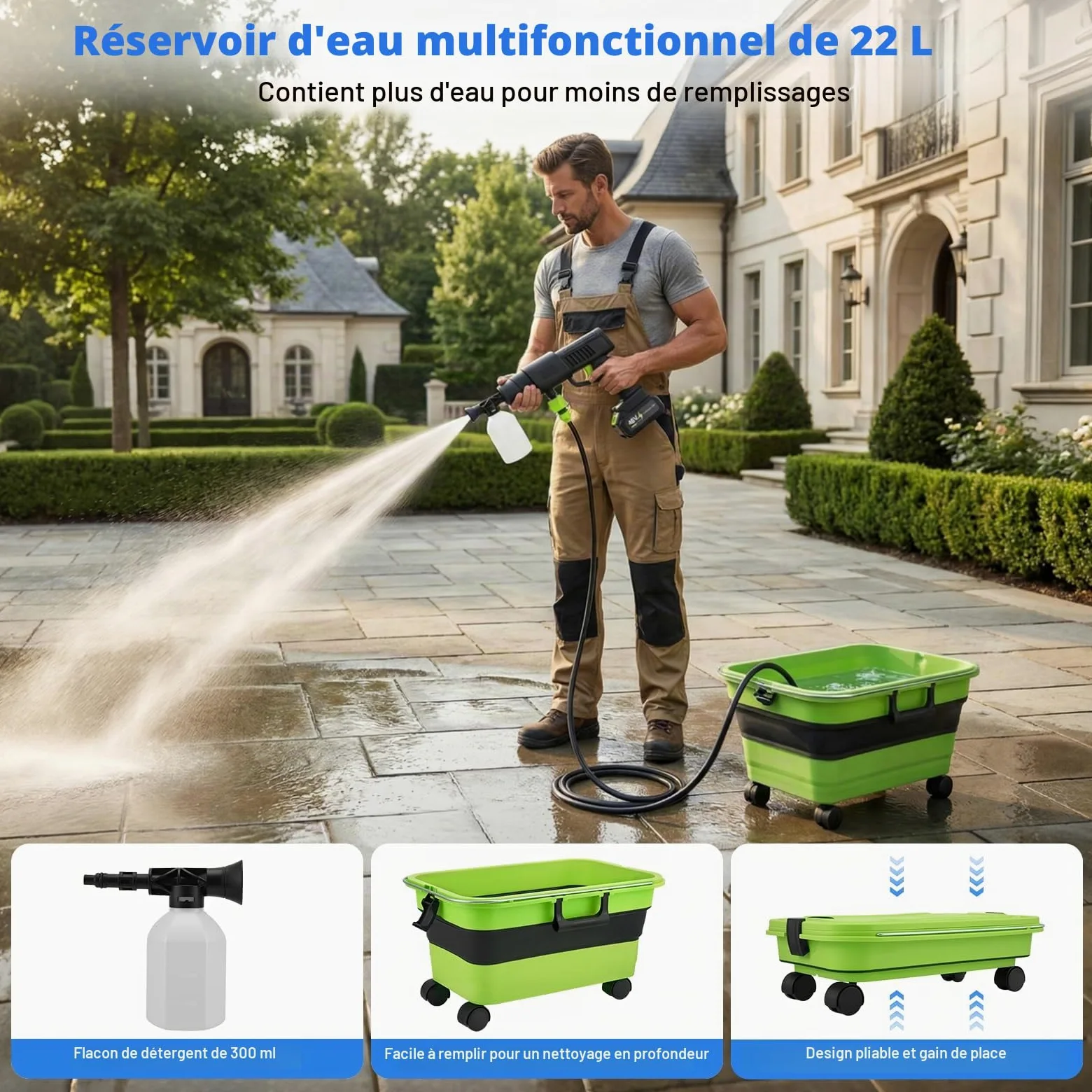 Nettoyeur haute pression, nettoyeur haute pression portable avec 30 bar, 2 batteries de 3,0 Ah, réservoir pliable de 22 litres, buse multifonction 6 en 1, nettoyeur haute pression sans fil pour