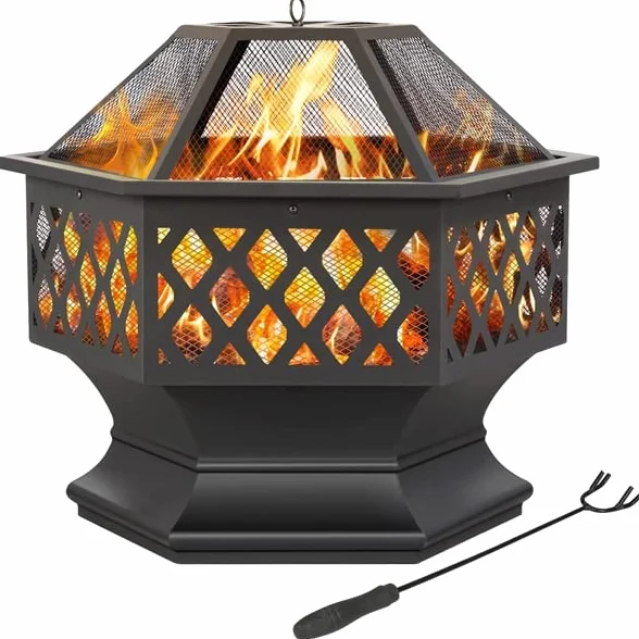 Yaheetech Brasero Exterieur Hexagonal 61 cm L x 62 cm H Foyer Poêle Chauffage à Charbon de Bois pour Jardin Terrasse