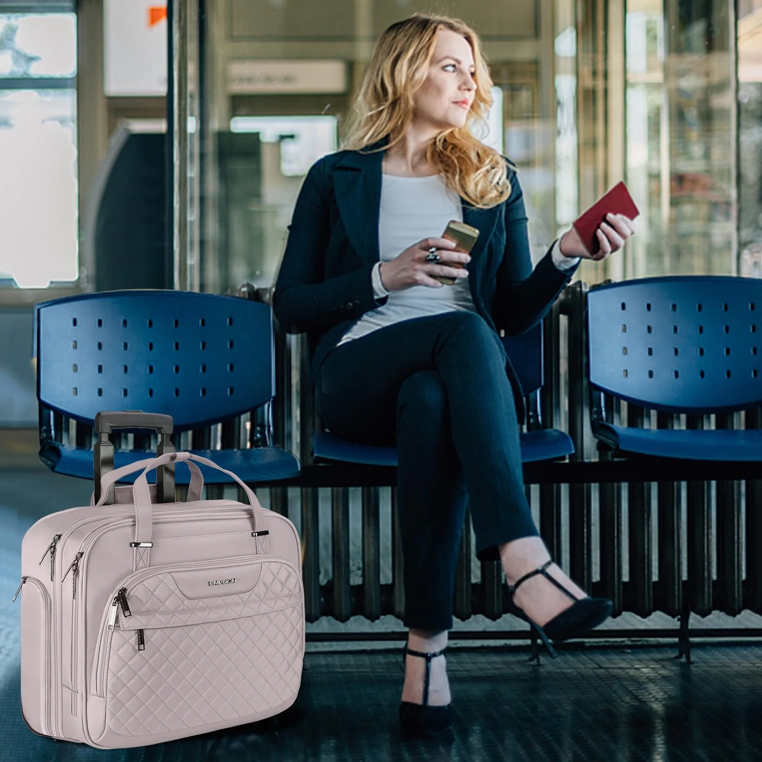 EMPSIGN Sacoche à roulettes pour Ordinateur Portable 15,6 Pouces Imperméable Trolley avec Poches RFID, Rose