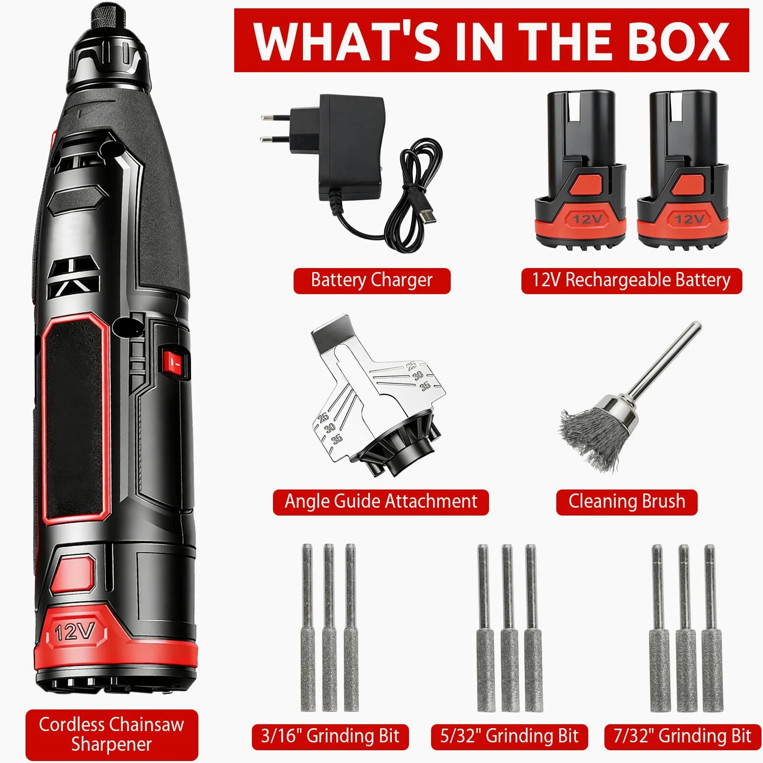 Affûteur de Chaîne de Tronçonneuse Électrique Sans Fil, Aiguiseur | avec 9 Têtes de Meulage, Brosse en Alliage & Guide d’Angle Réglable 25°/30°/35°, USB, pour Tronçonneuses