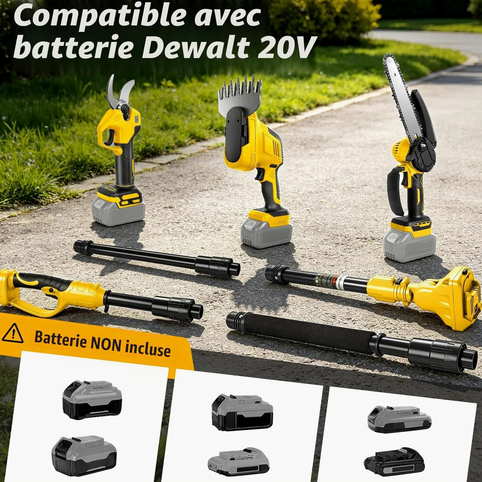 Mini Tronconneuse avec Perche 8 Pouces & Secateur Electrique Telescopique 28 mm & Taille-haie 310mm pour Dewalt 18 V, 20 V batterie, 6 en 1 Élagueuse sur Perche, Portée Maximale 4,5 m 130 220 Com