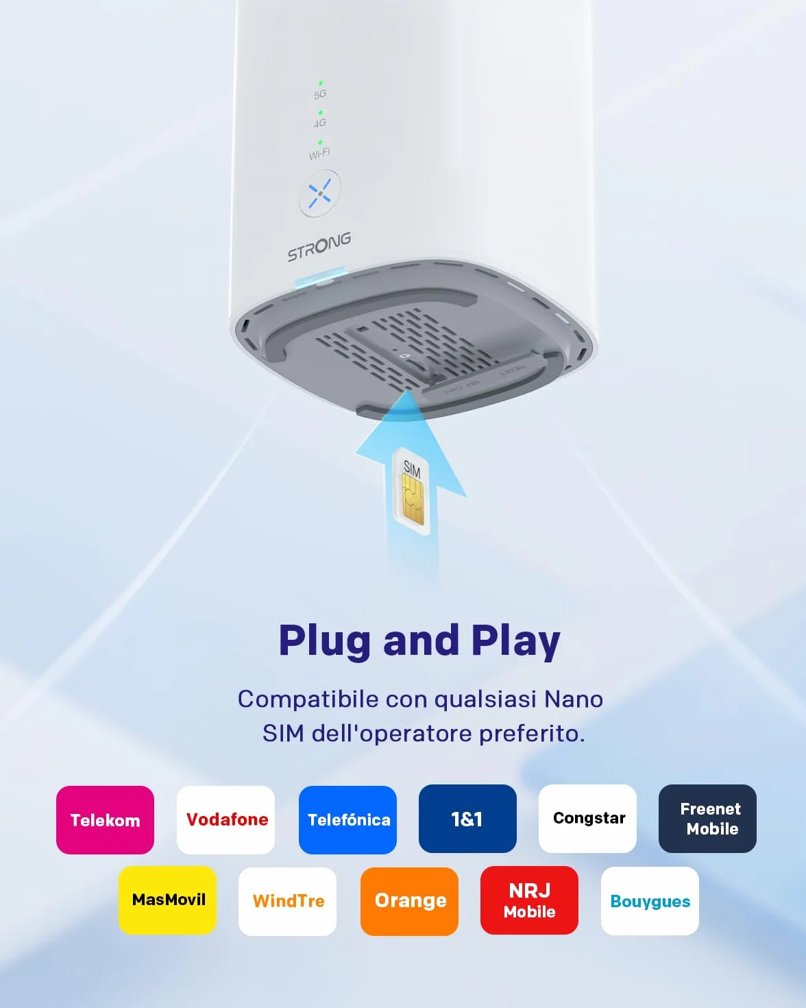 STRONG Routeur 5G CPE WiFi 6 AX3000 avec Carte SIM - 2.5GE WAN/LAN & 1GE LAN - RJ11 VoIP/VoNR - Chipset Qualcomm