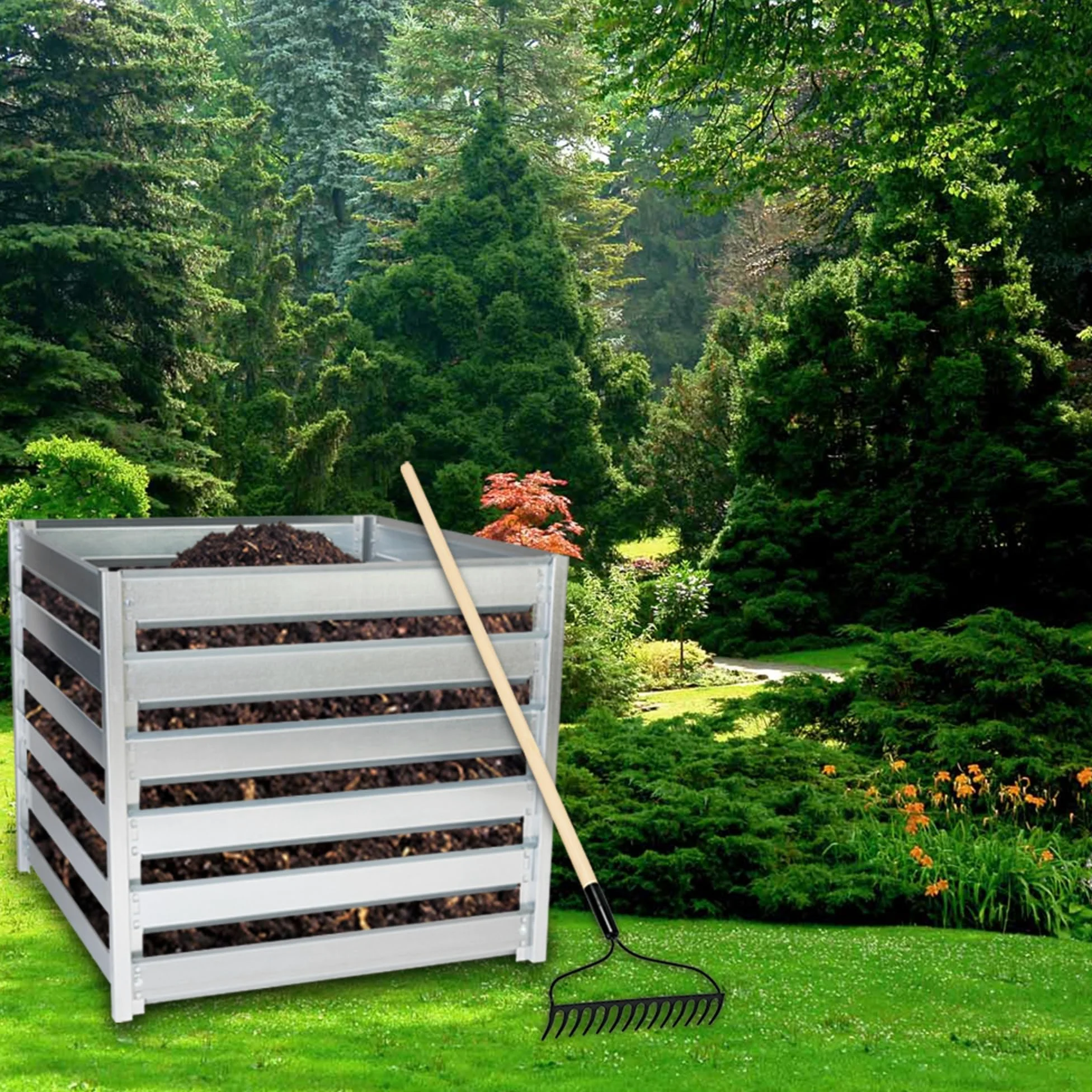 Composteur de Jardin Métal 704L TIMBELA M800 – Grand Composteur Extérieur en Acier Galvanisé 91 x 91 x H85 cm – Bac à Compost Stable et Résistant