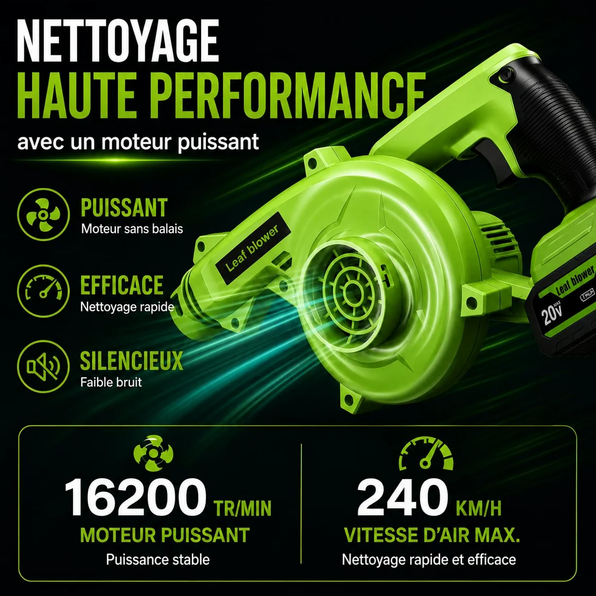 Souffleur de Feuilles sans Fil 20V 2-en-1, Aspirateur Souffleur Batterie 150 MPH, 2 Batteries 2Ah, Vitesse Variable, pour Jardin Terrasse Garage Voiture